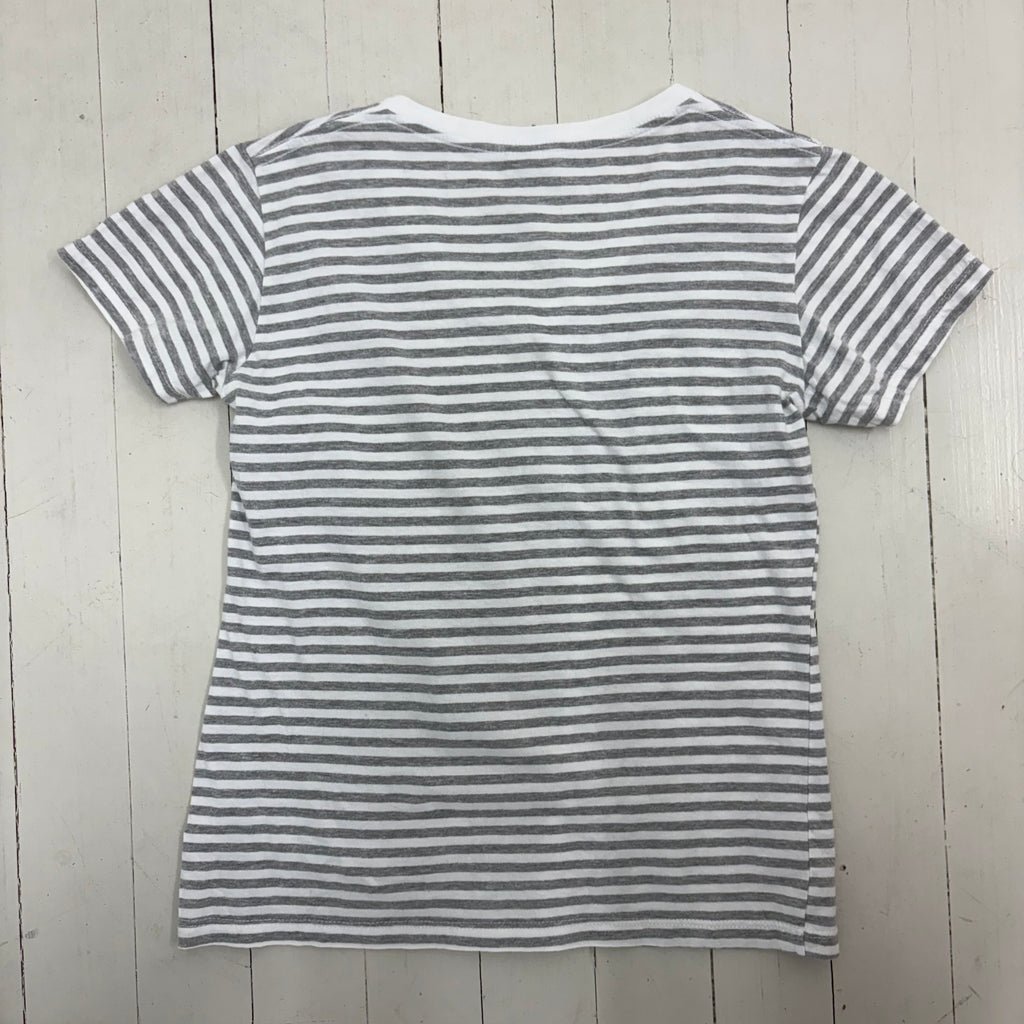 Grey & White Striped  V-Neck Tee