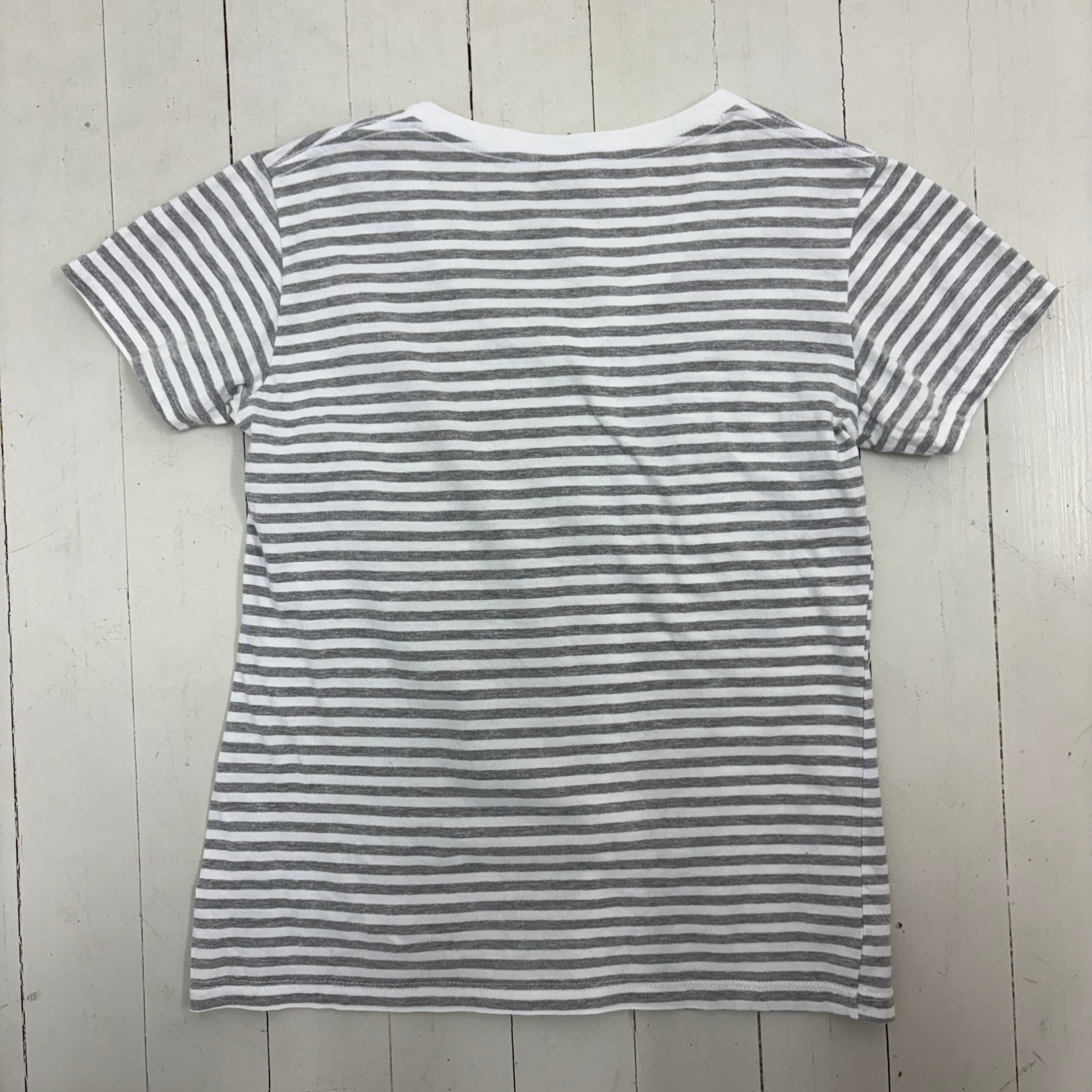 Grey & White Striped  V-Neck Tee