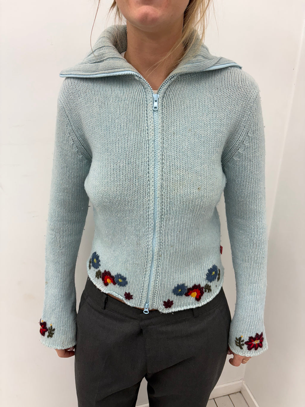 Light Blue Knit Zip-Up Cardigan with Floral Detail