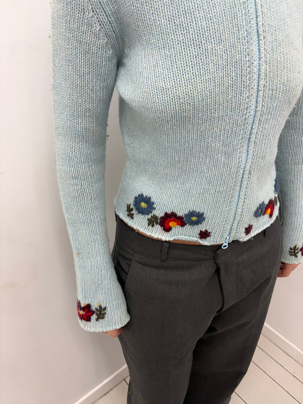 Light Blue Knit Zip-Up Cardigan with Floral Detail