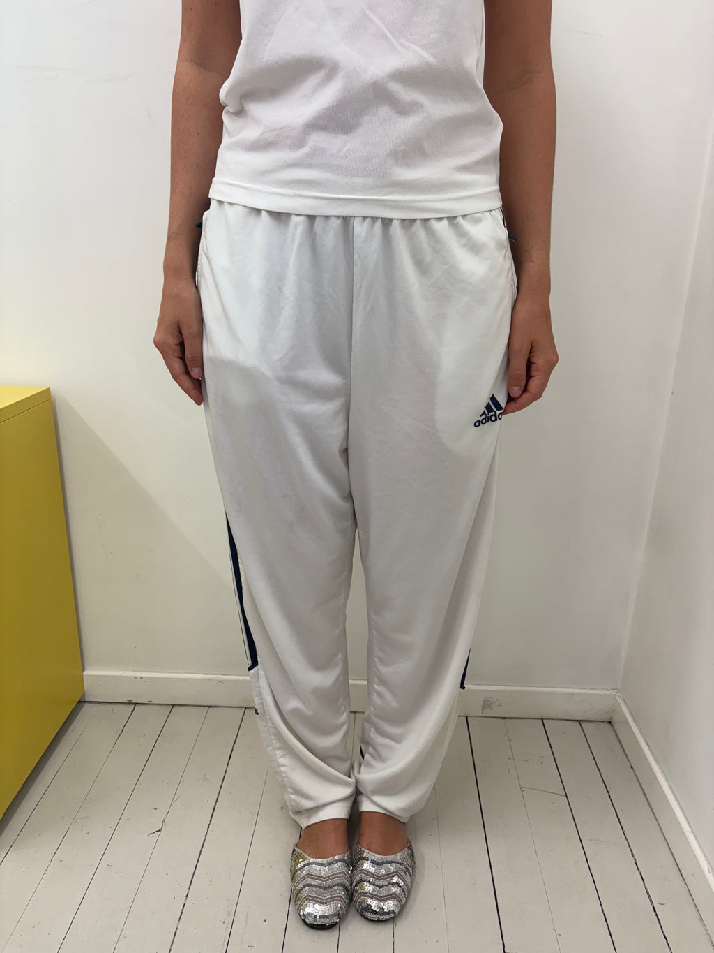 Vintage Adidas White Navy Stripe Track Pants Y2K