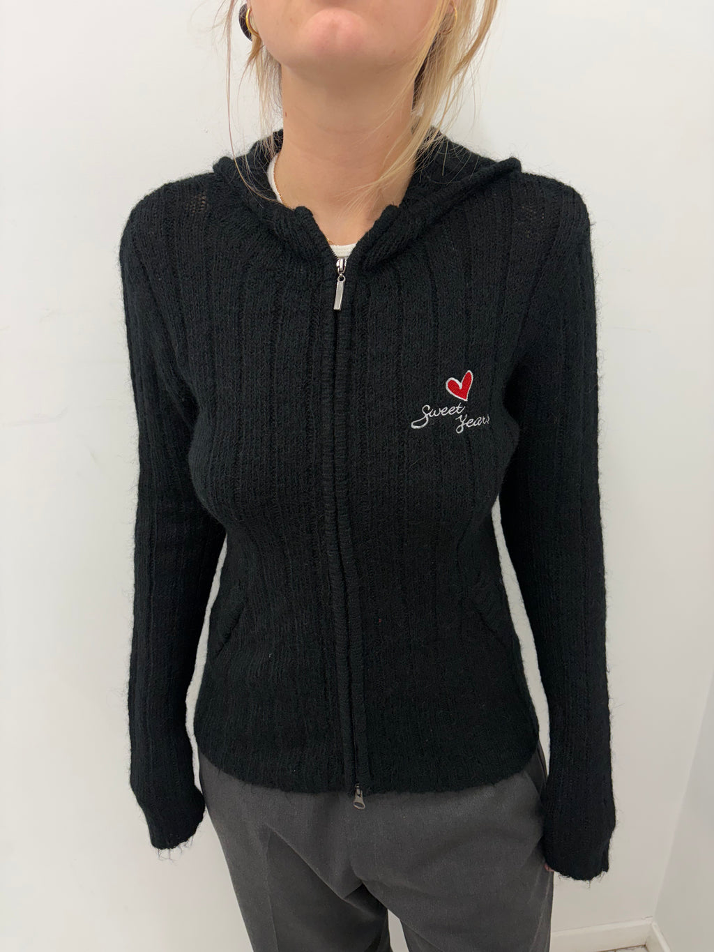Black Ribbed Zip-Up Hoodie with Heart Detail