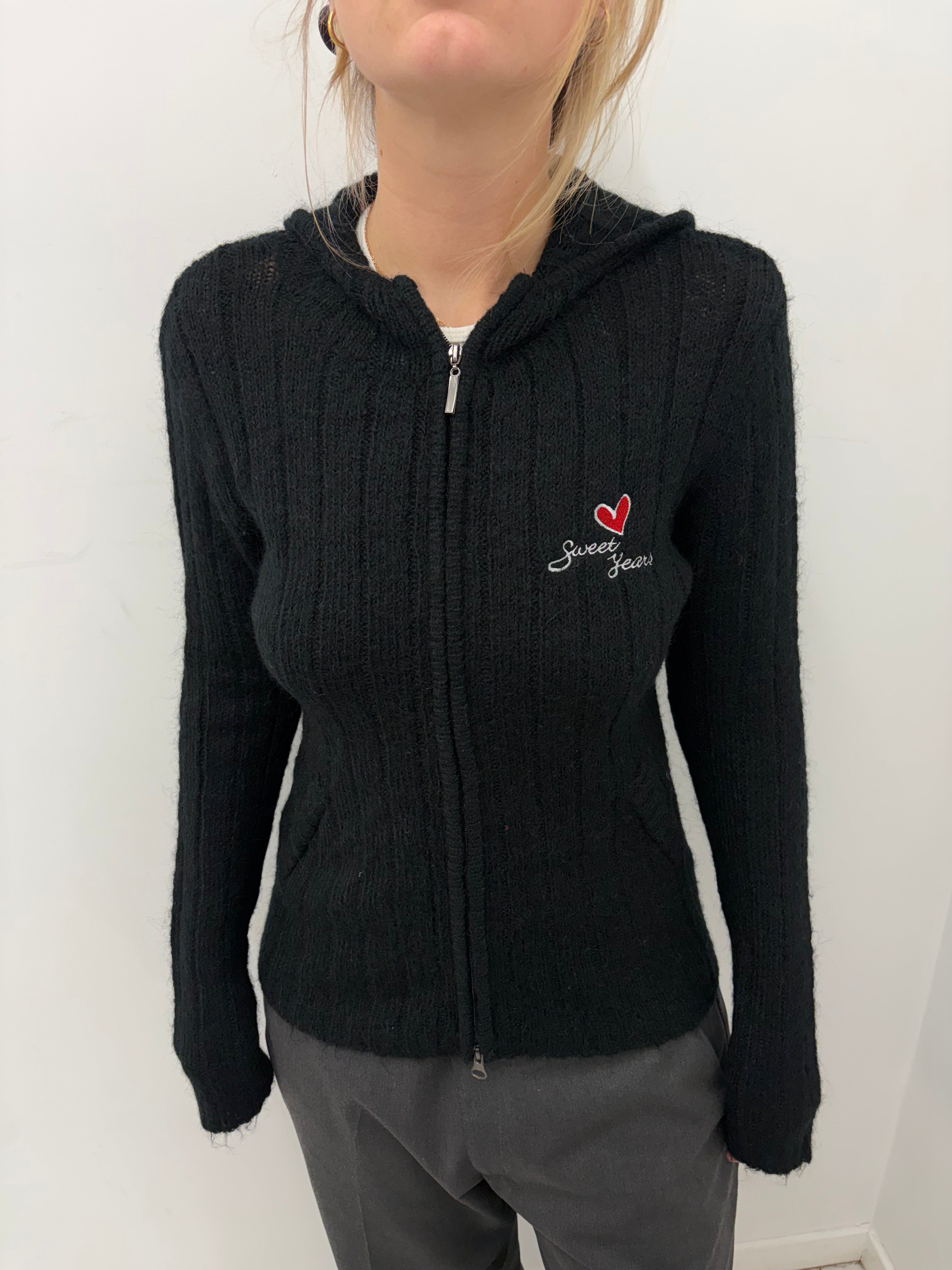 Black Ribbed Zip-Up Hoodie with Heart Detail