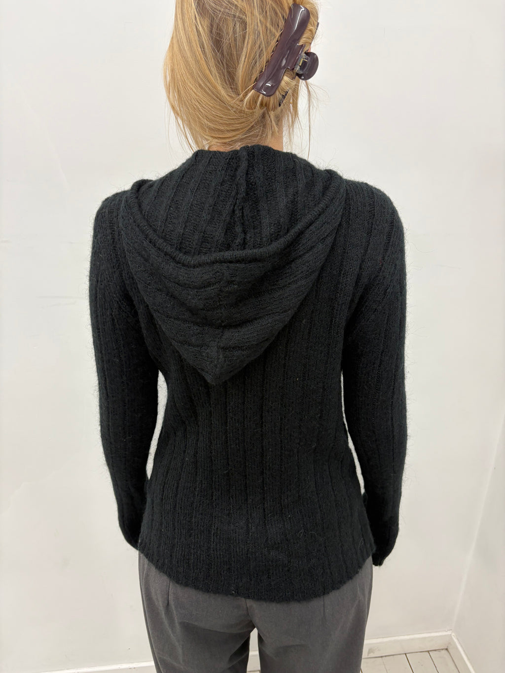 Black Ribbed Zip-Up Hoodie with Heart Detail