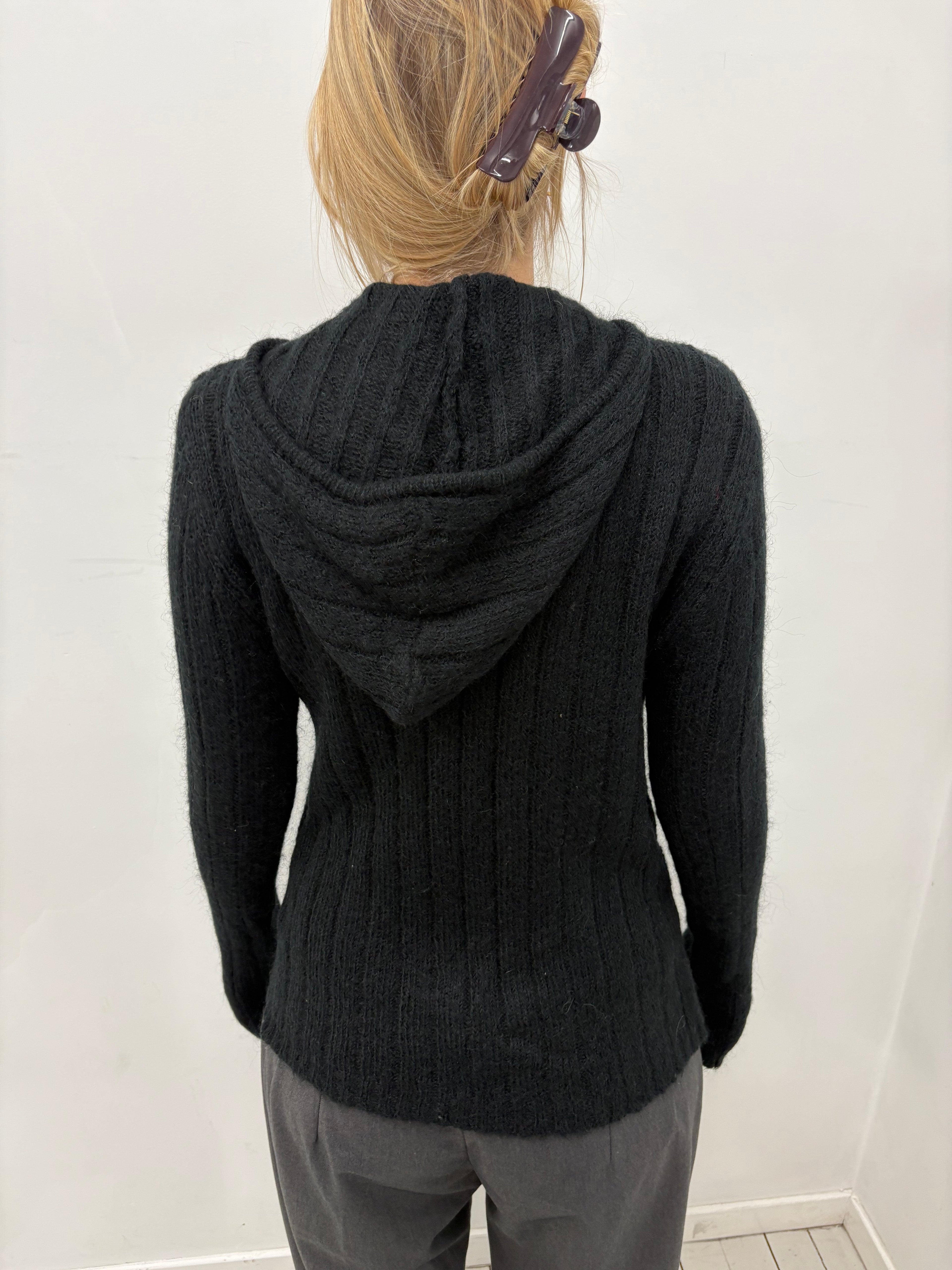 Black Ribbed Zip-Up Hoodie with Heart Detail