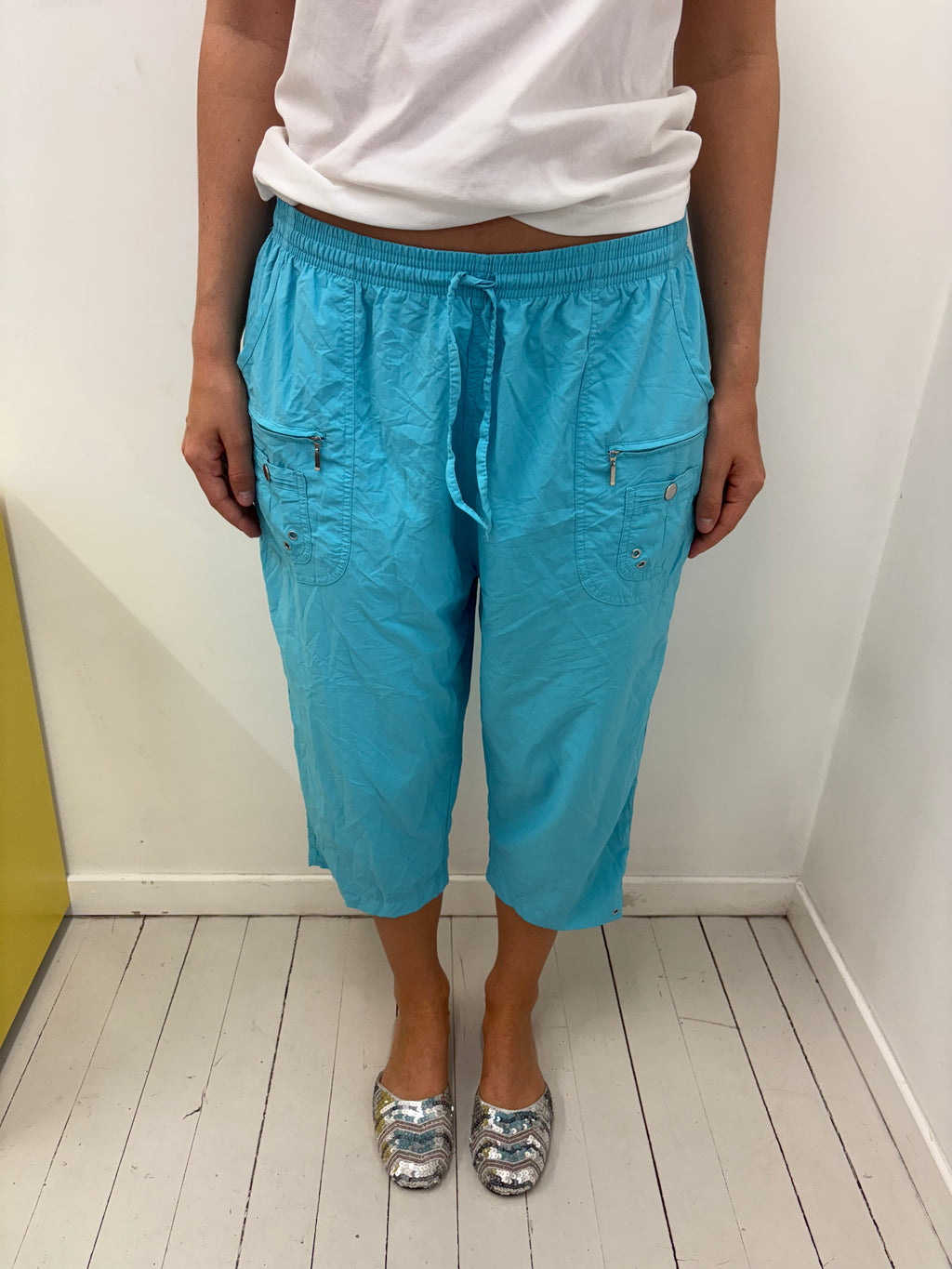 Turquoise Drawstring Zip Pocket Capri Pants Y2K