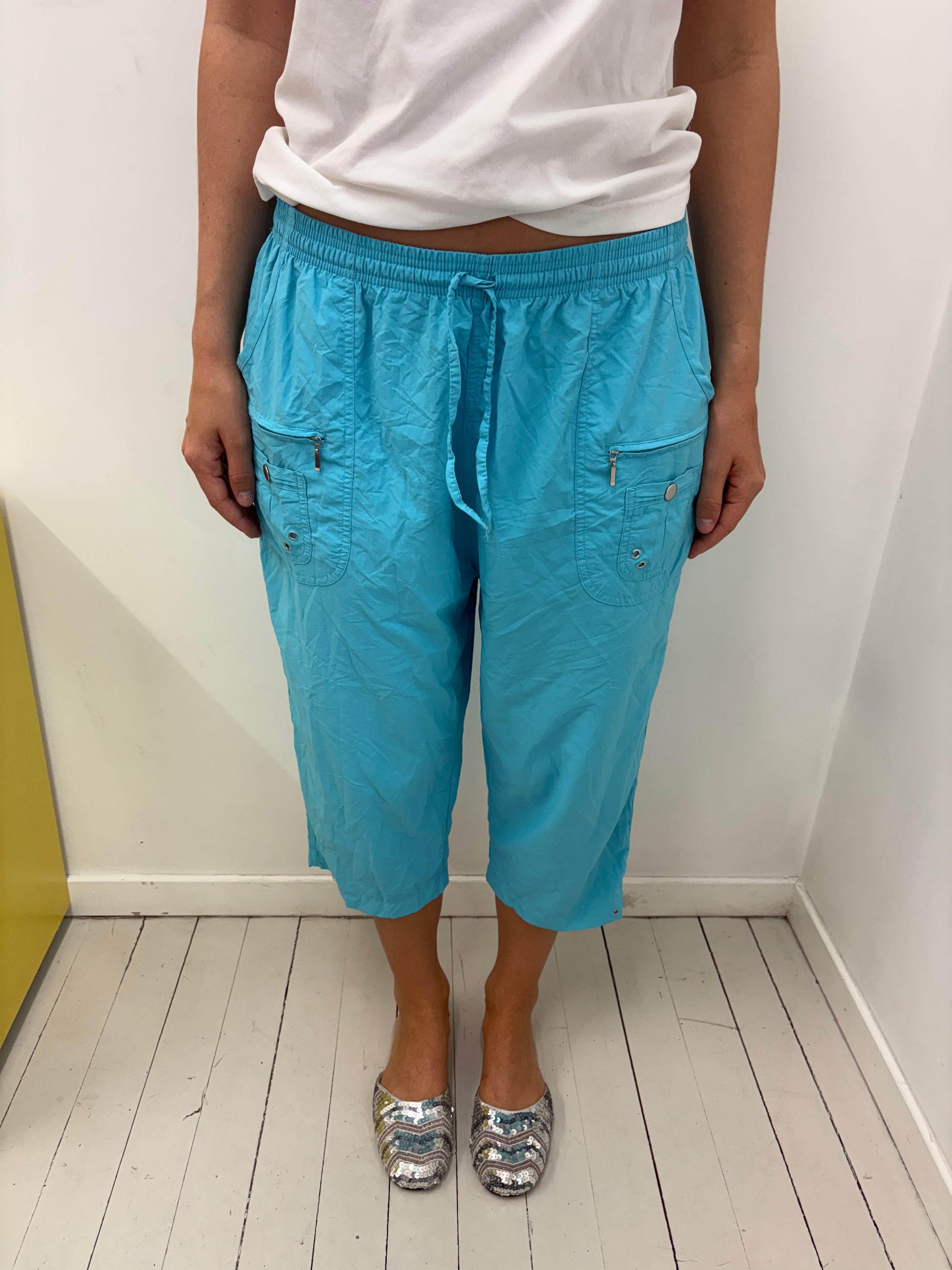 Turquoise Drawstring Zip Pocket Capri Pants Y2K
