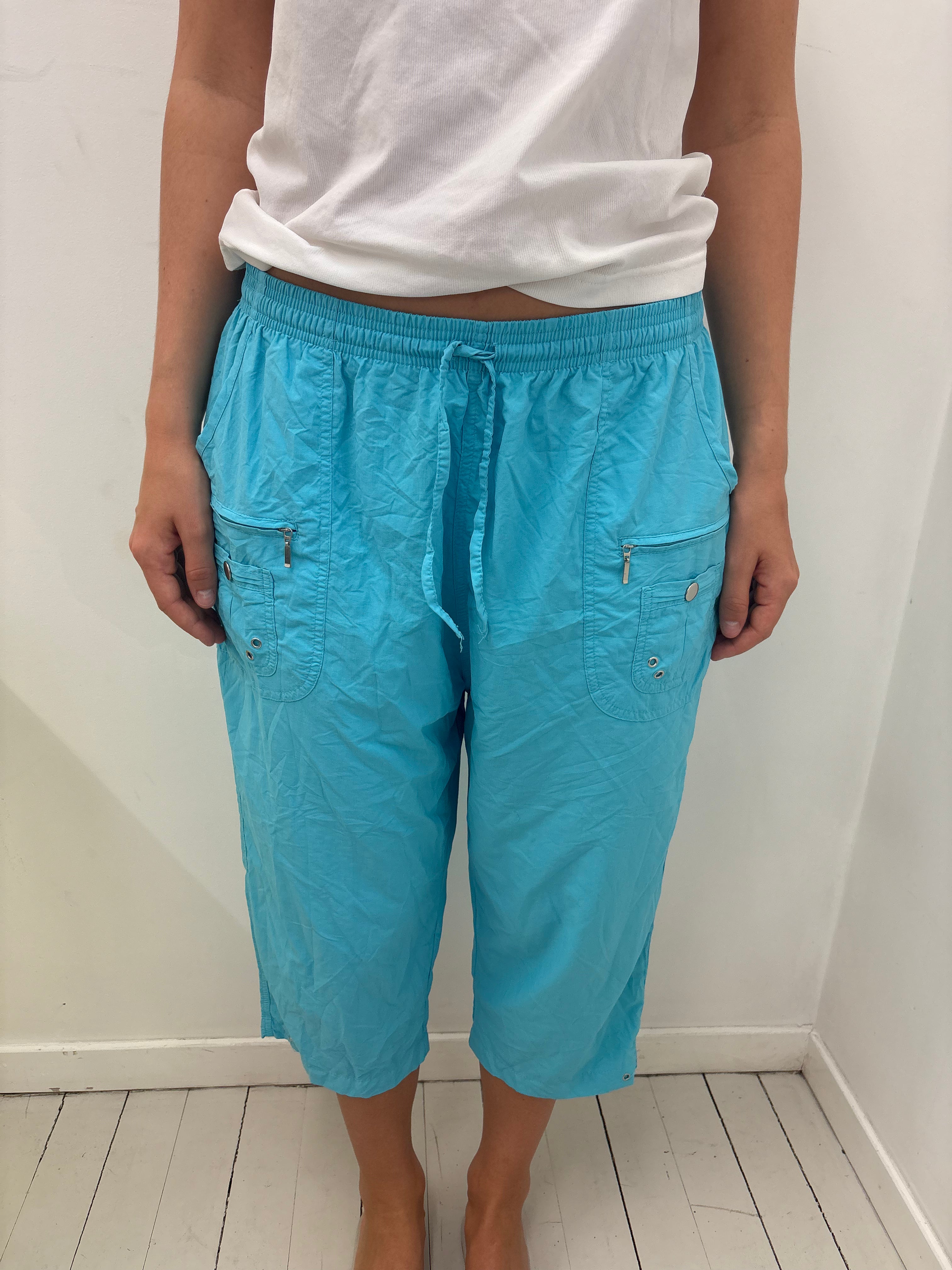 Turquoise Drawstring Zip Pocket Capri Pants Y2K