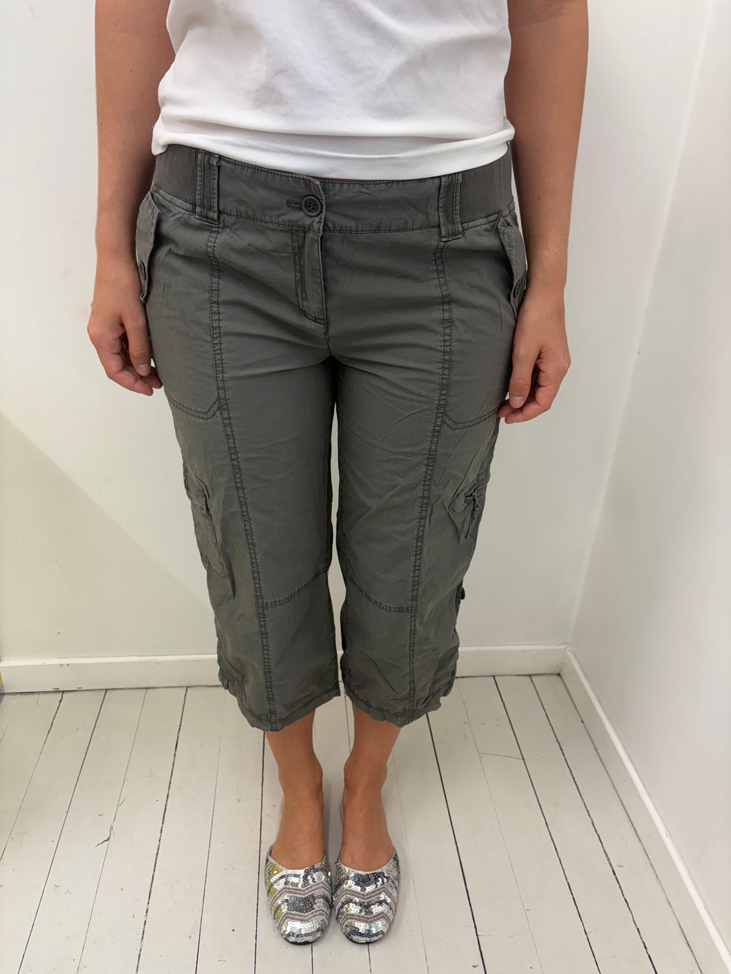 Khaki Green Cargo Capri Pants Multi-Pocket Vintage Y2K