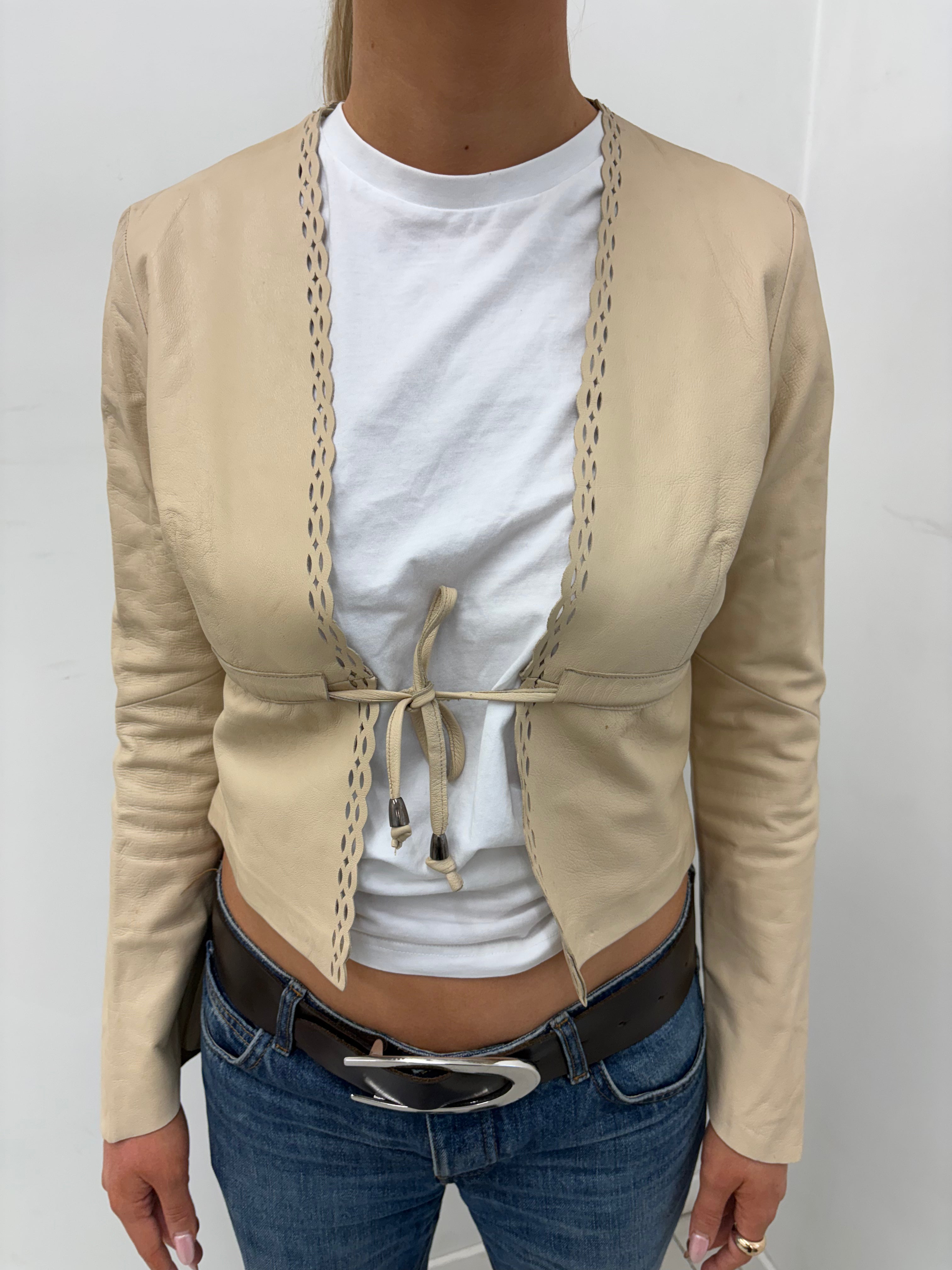 Beige Cut-Out Trim Y2K Leather Jacket