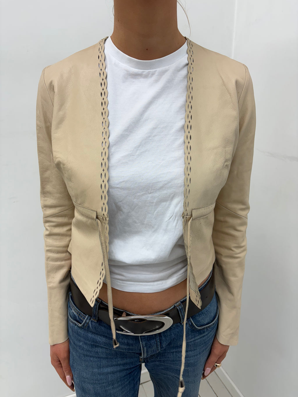 Beige Cut-Out Trim Y2K Leather Jacket