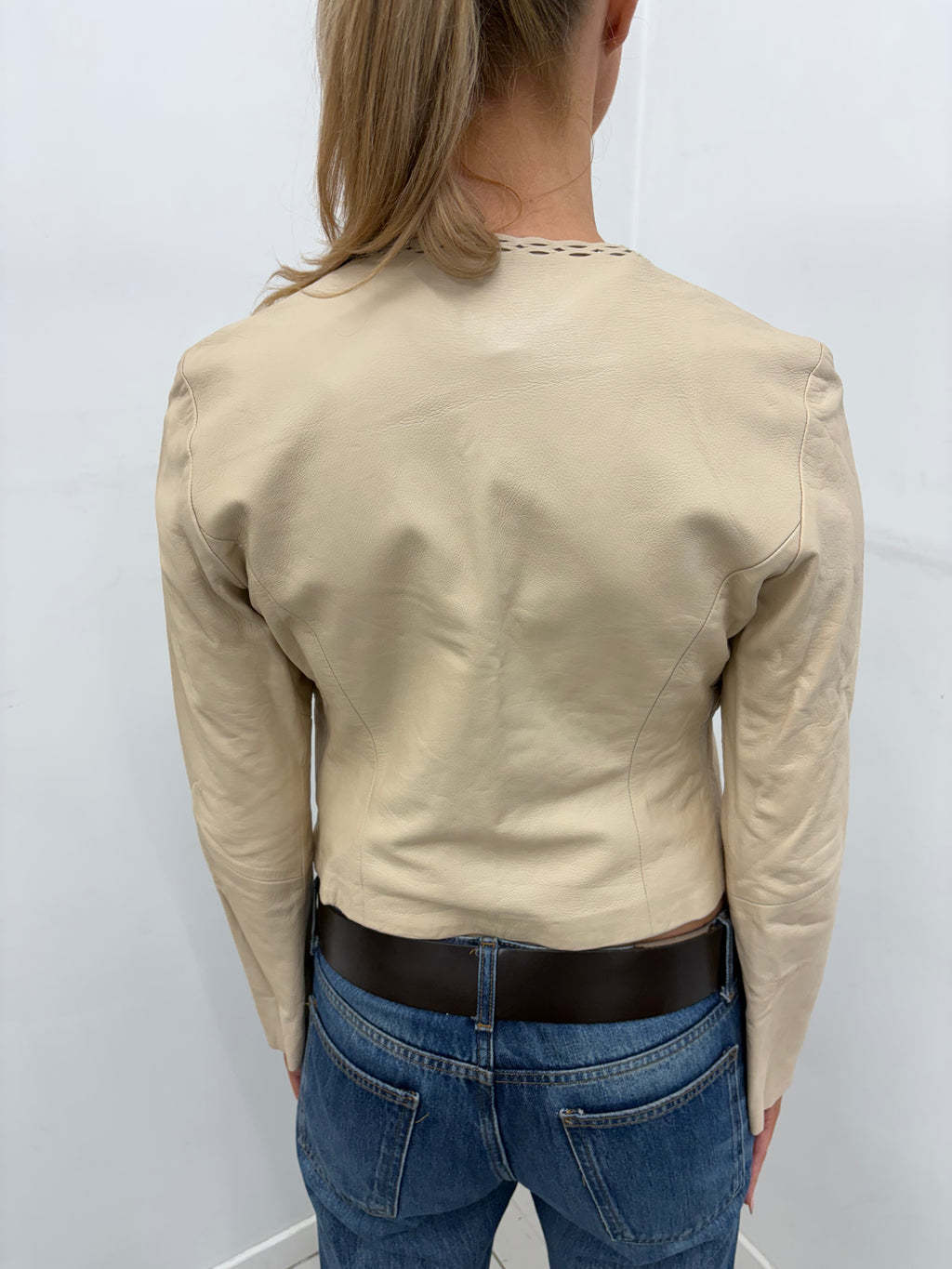 Beige Cut-Out Trim Y2K Leather Jacket