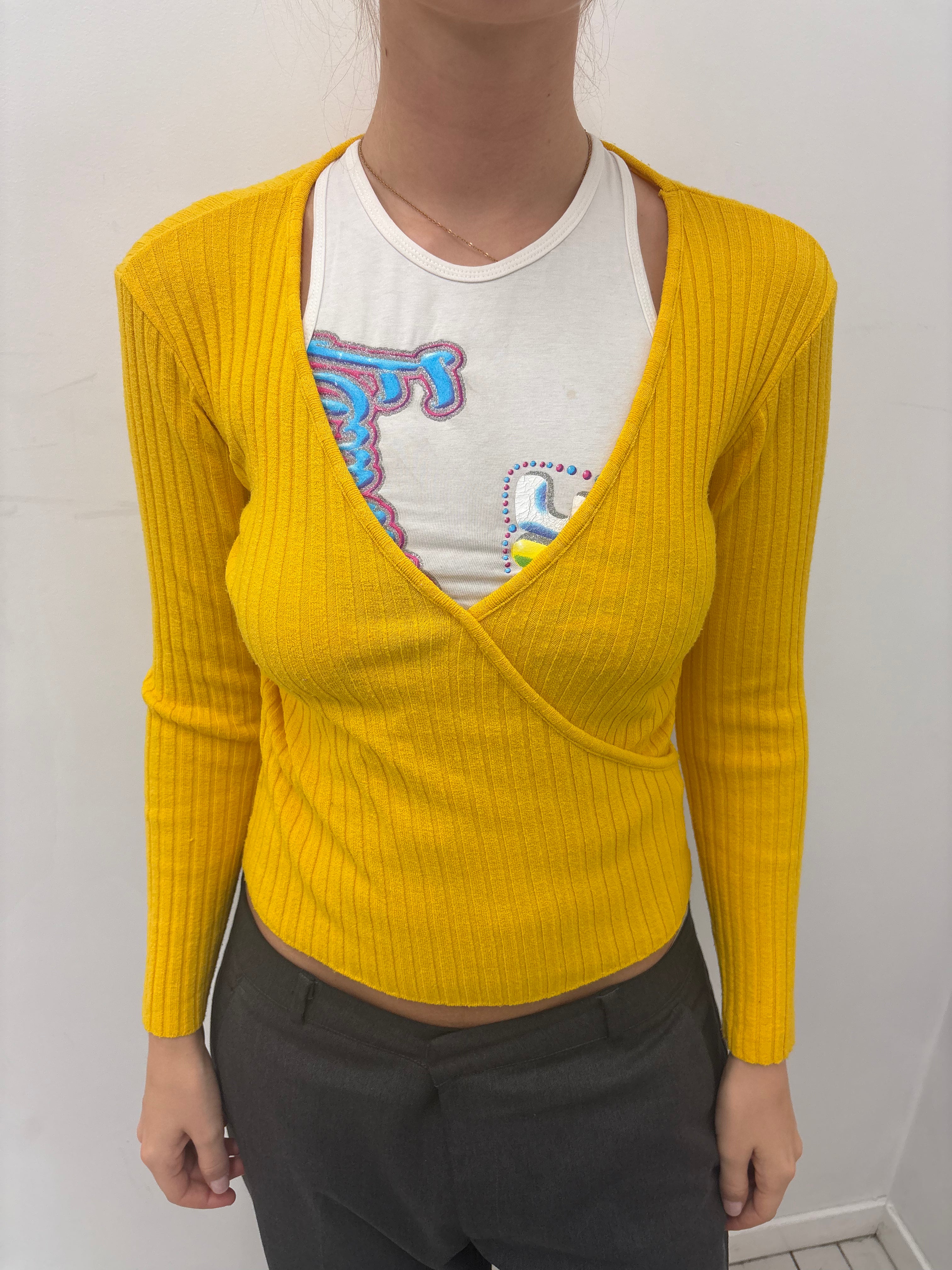 Bright Yellow Ribbed Wrap Knit Top