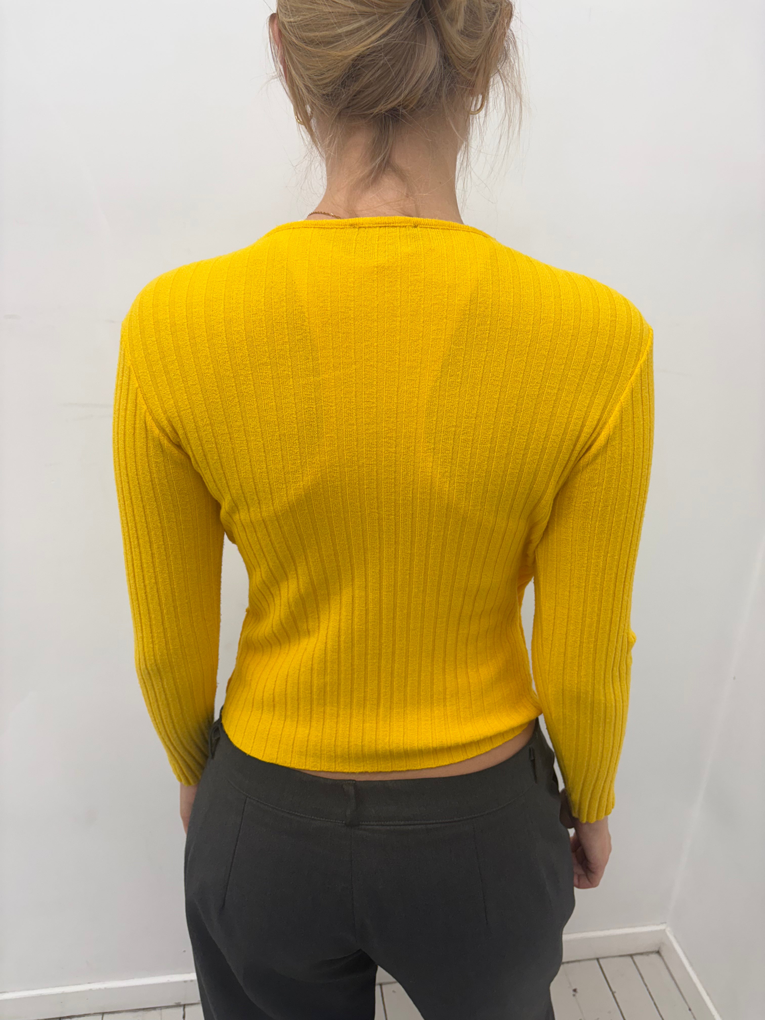 Bright Yellow Ribbed Wrap Knit Top
