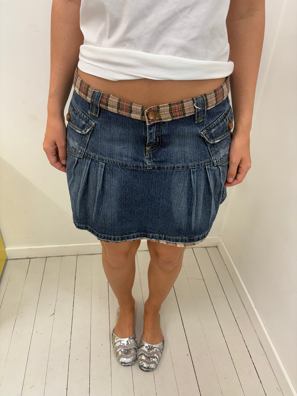 Denim Mini Skirt Plaid Trim Low-Rise Y2K