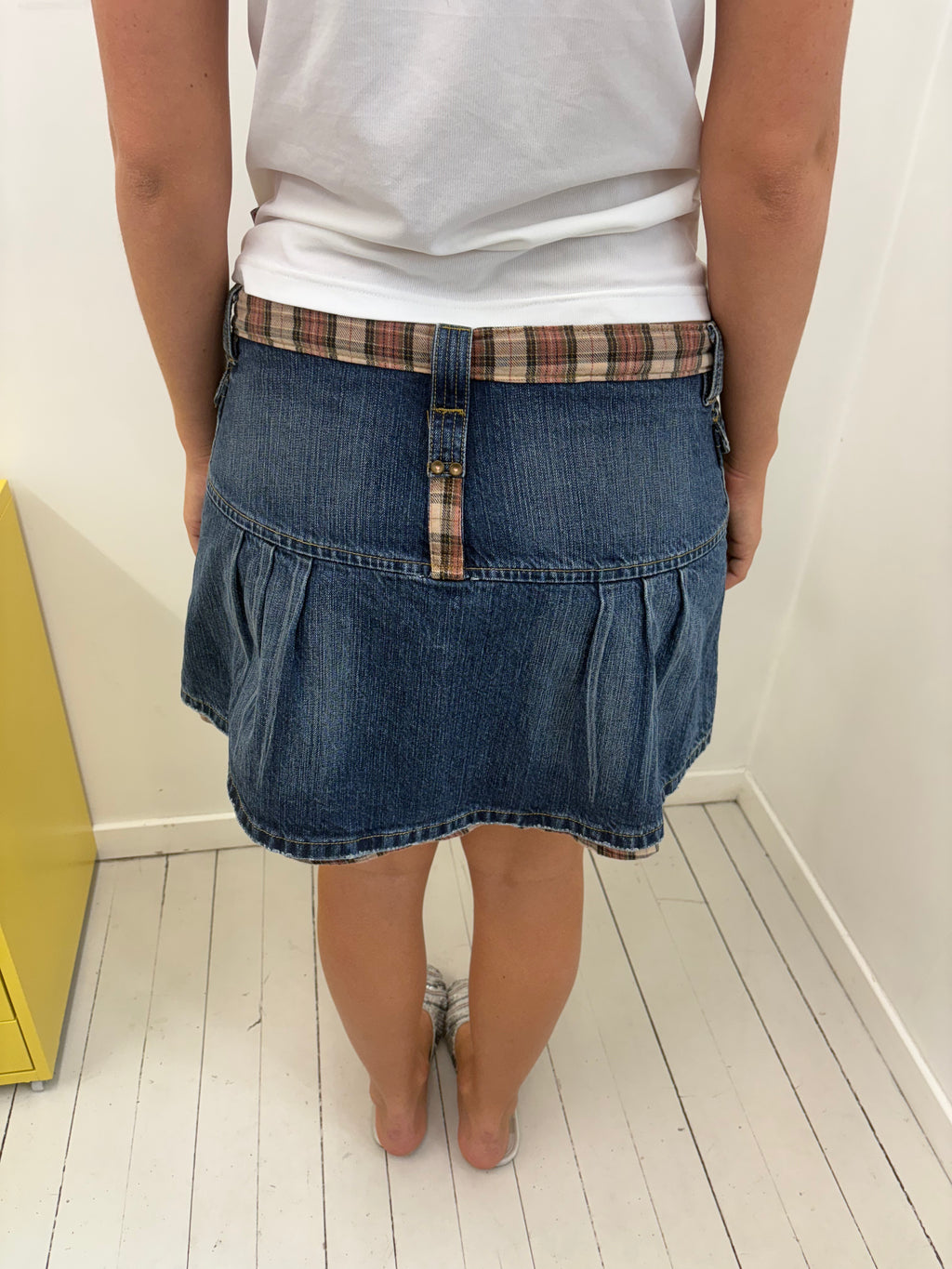 Denim Mini Skirt Plaid Trim Low-Rise Y2K