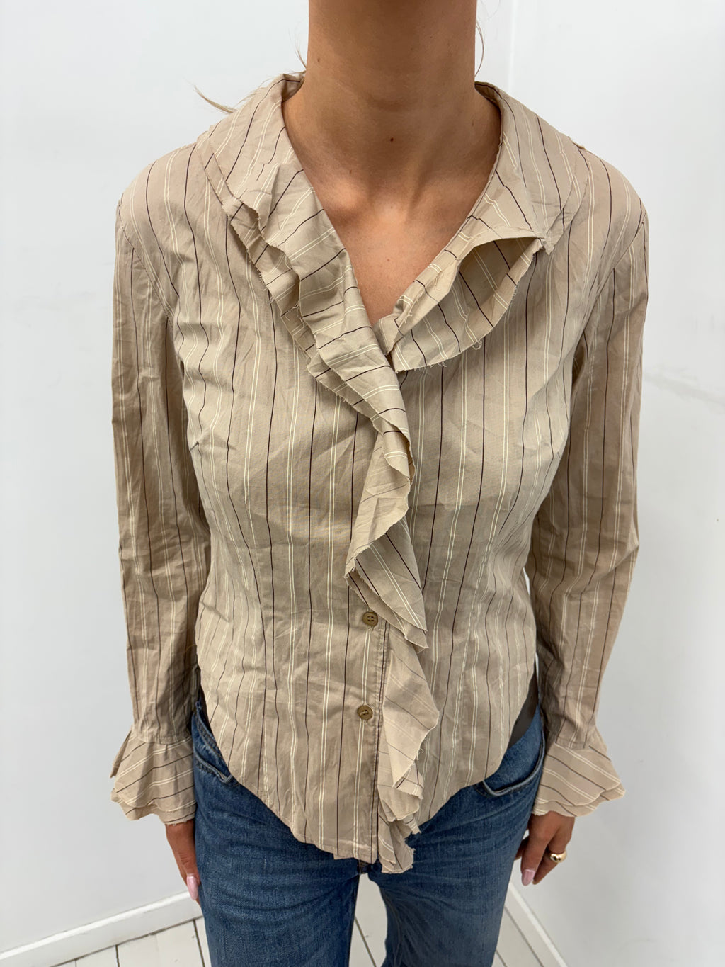 Beige Pinstripe Ruffle Y2K Blouse