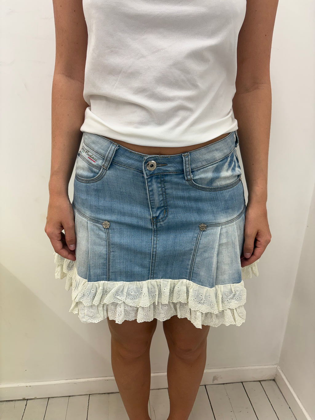 Denim Mini Skirt White Eyelet Ruffle Hem Y2K