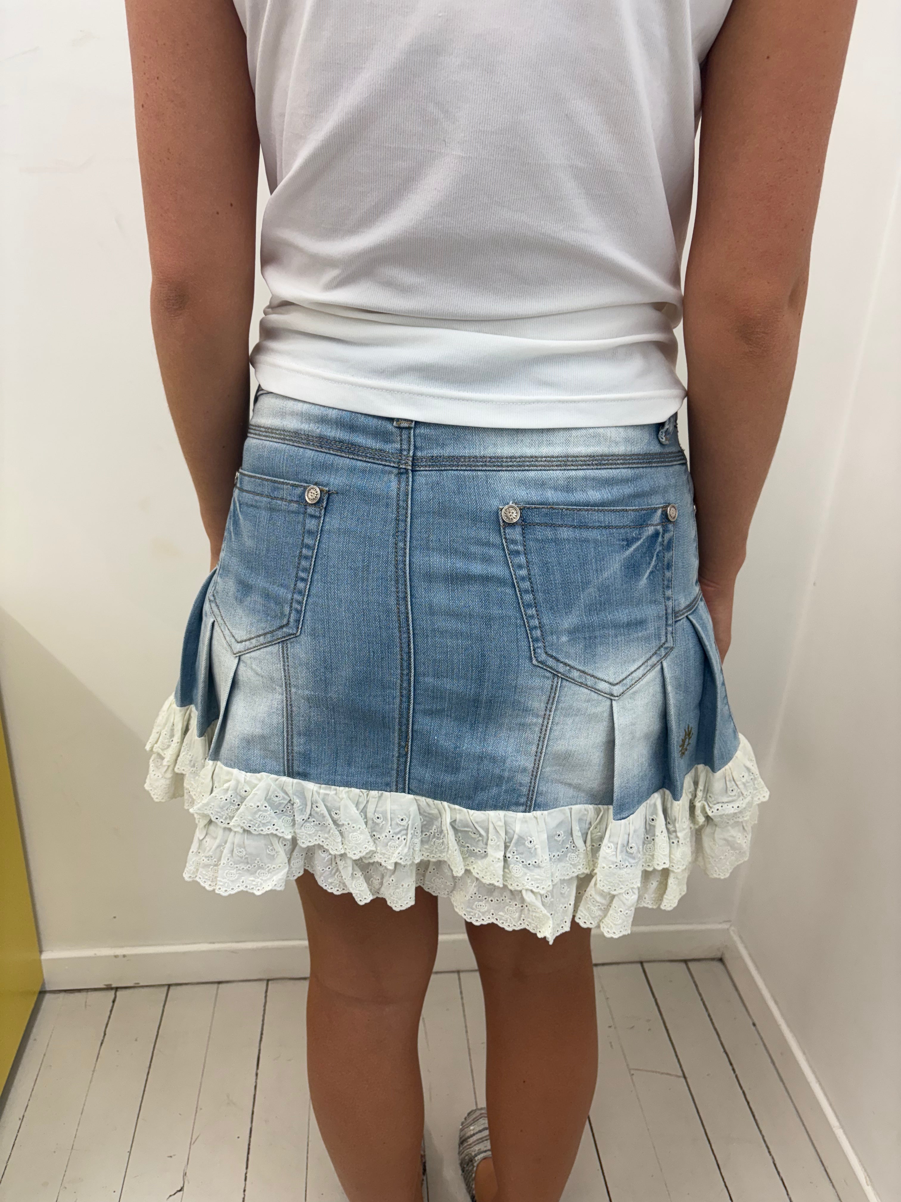 Denim Mini Skirt White Eyelet Ruffle Hem Y2K