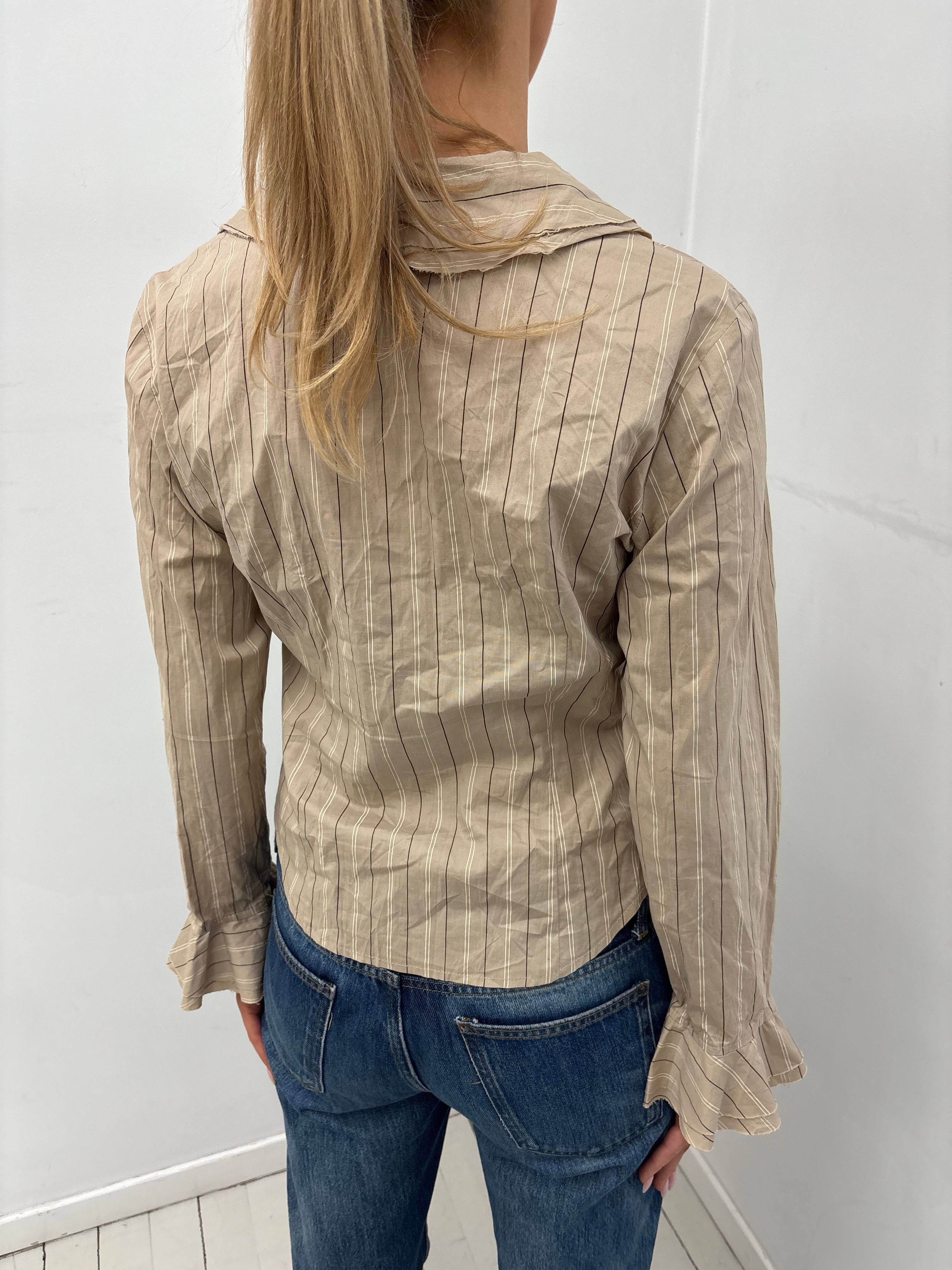Beige Pinstripe Ruffle Y2K Blouse
