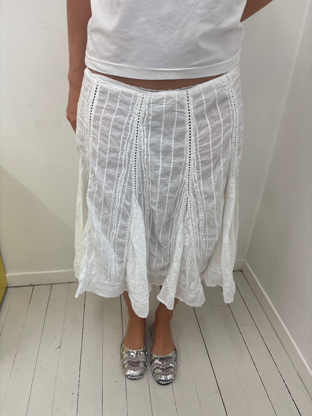 White Broderie Lace Panel Midi Skirt Vintage Y2K