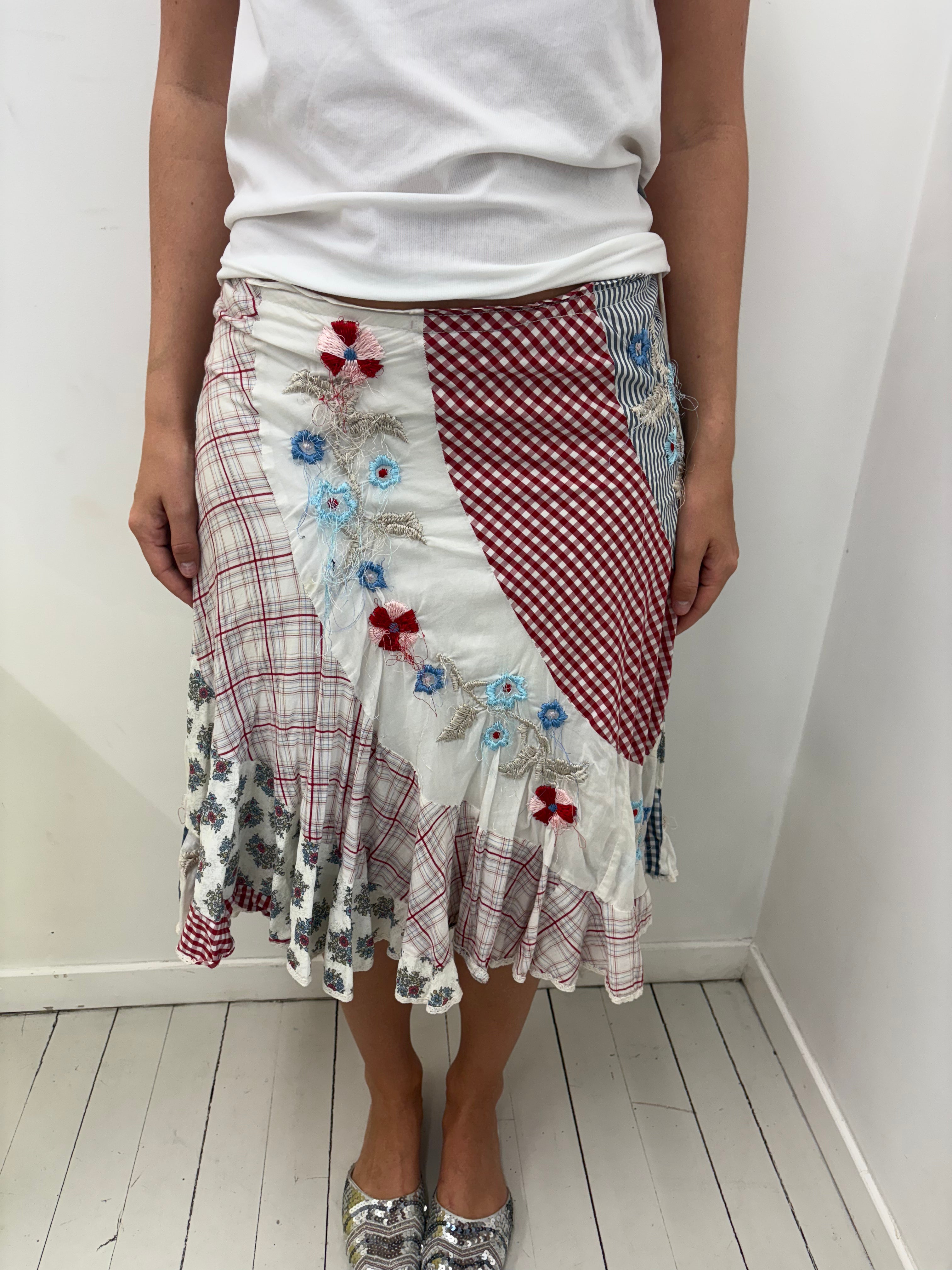 Patchwork Floral Embroidered Midi Skirt Boho Y2K