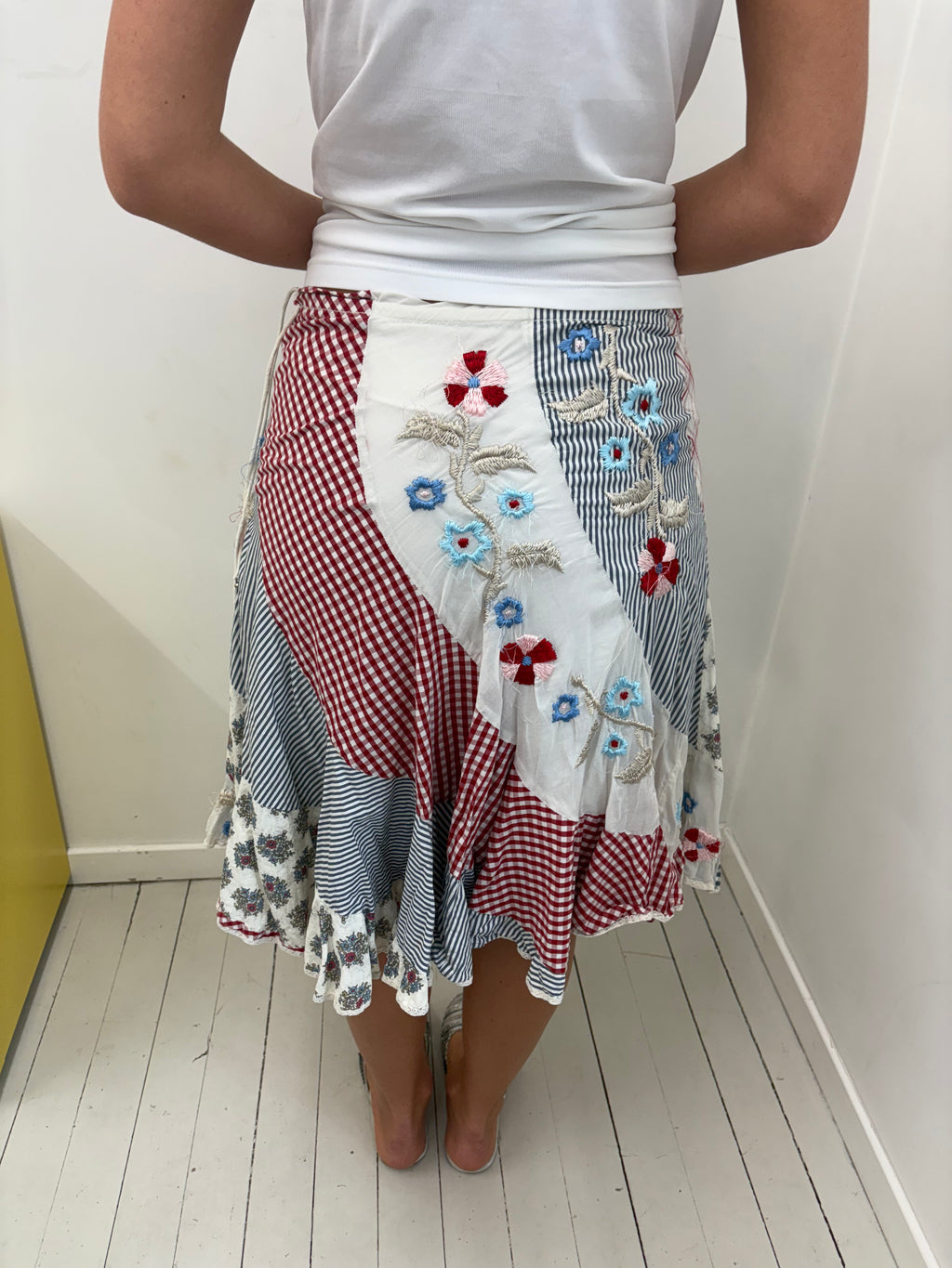 Patchwork Floral Embroidered Midi Skirt Boho Y2K