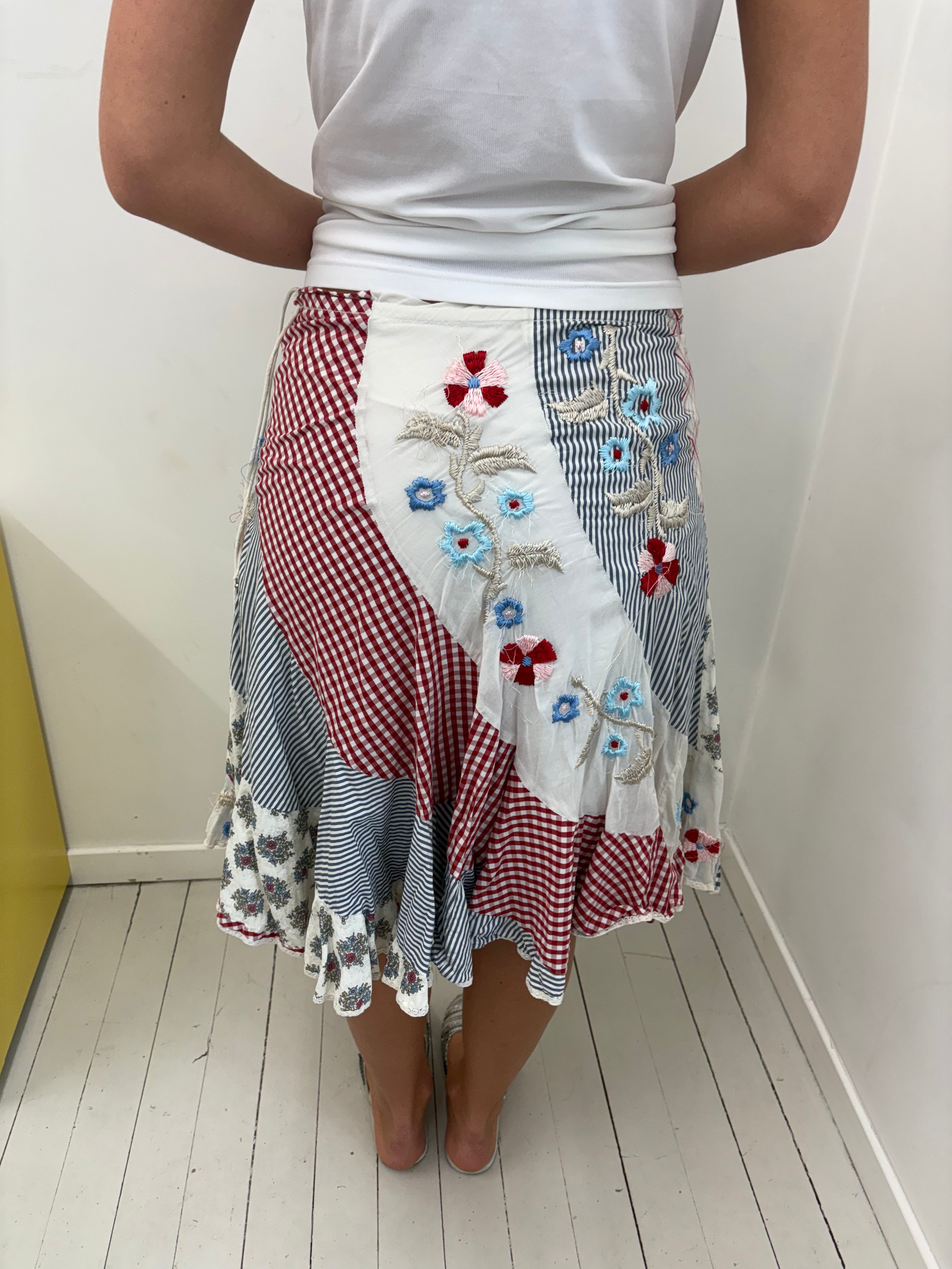 Patchwork Floral Embroidered Midi Skirt Boho Y2K
