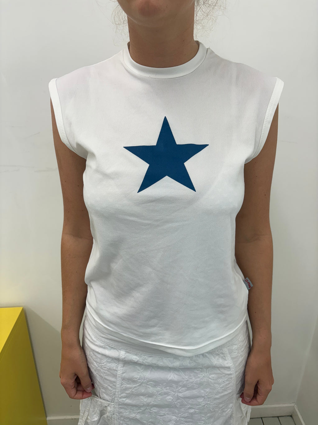 White Ribbed Navy Star Print Sleeveless Top Y2K