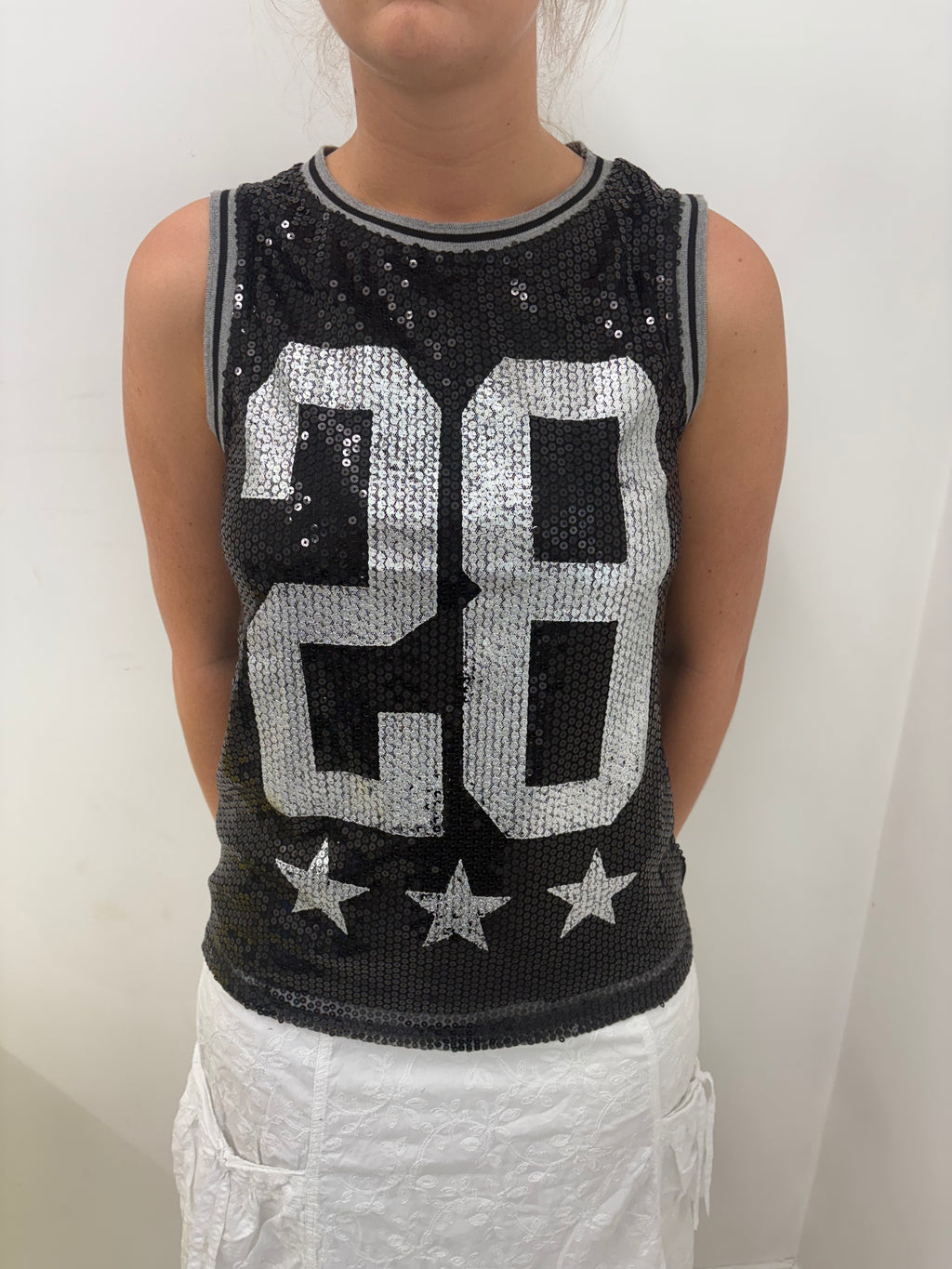 Black Silver Sequin Number 28 Sports Jersey Top Y2K