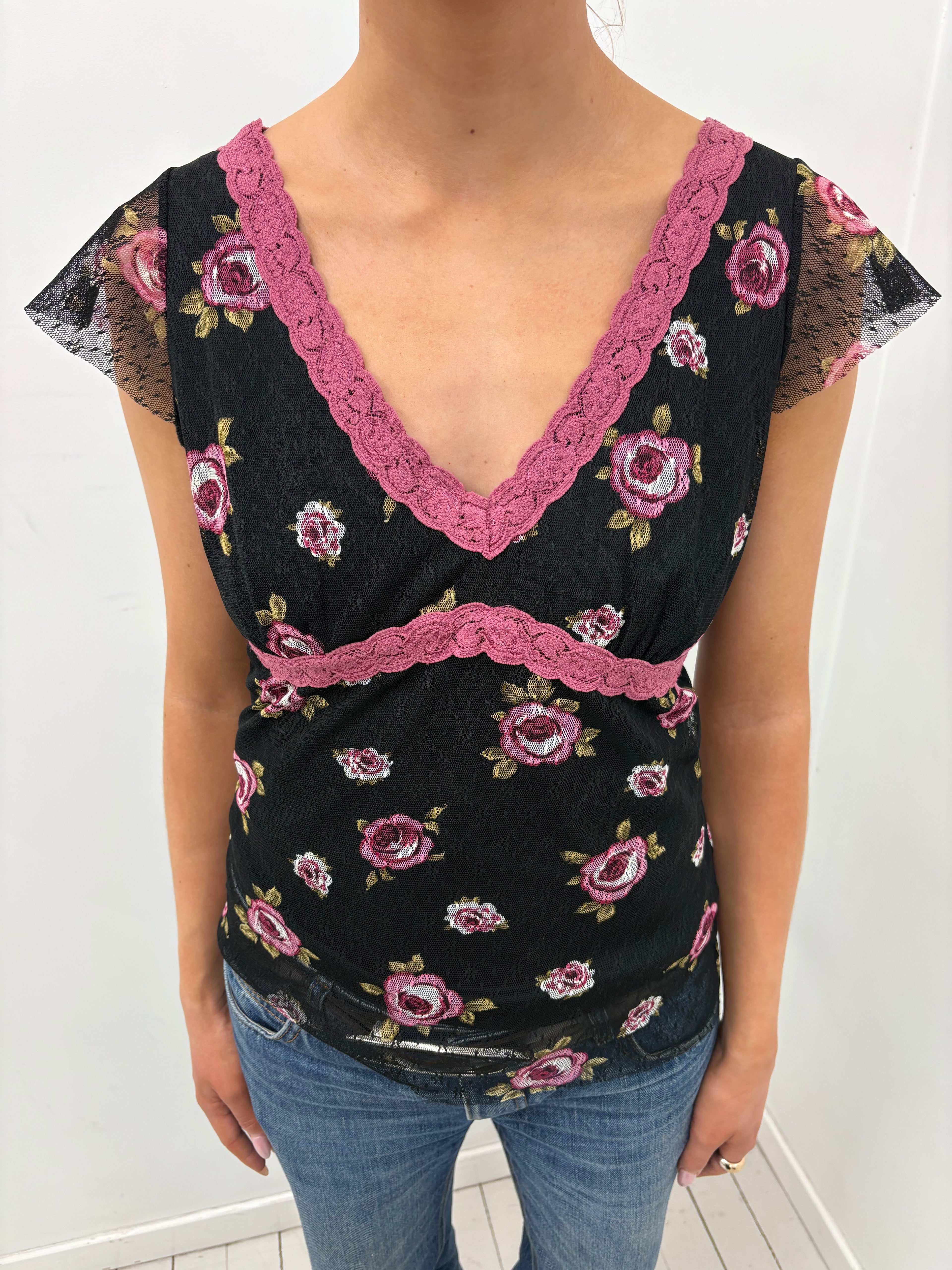 Rose Lace Trim Y2K Mesh Top