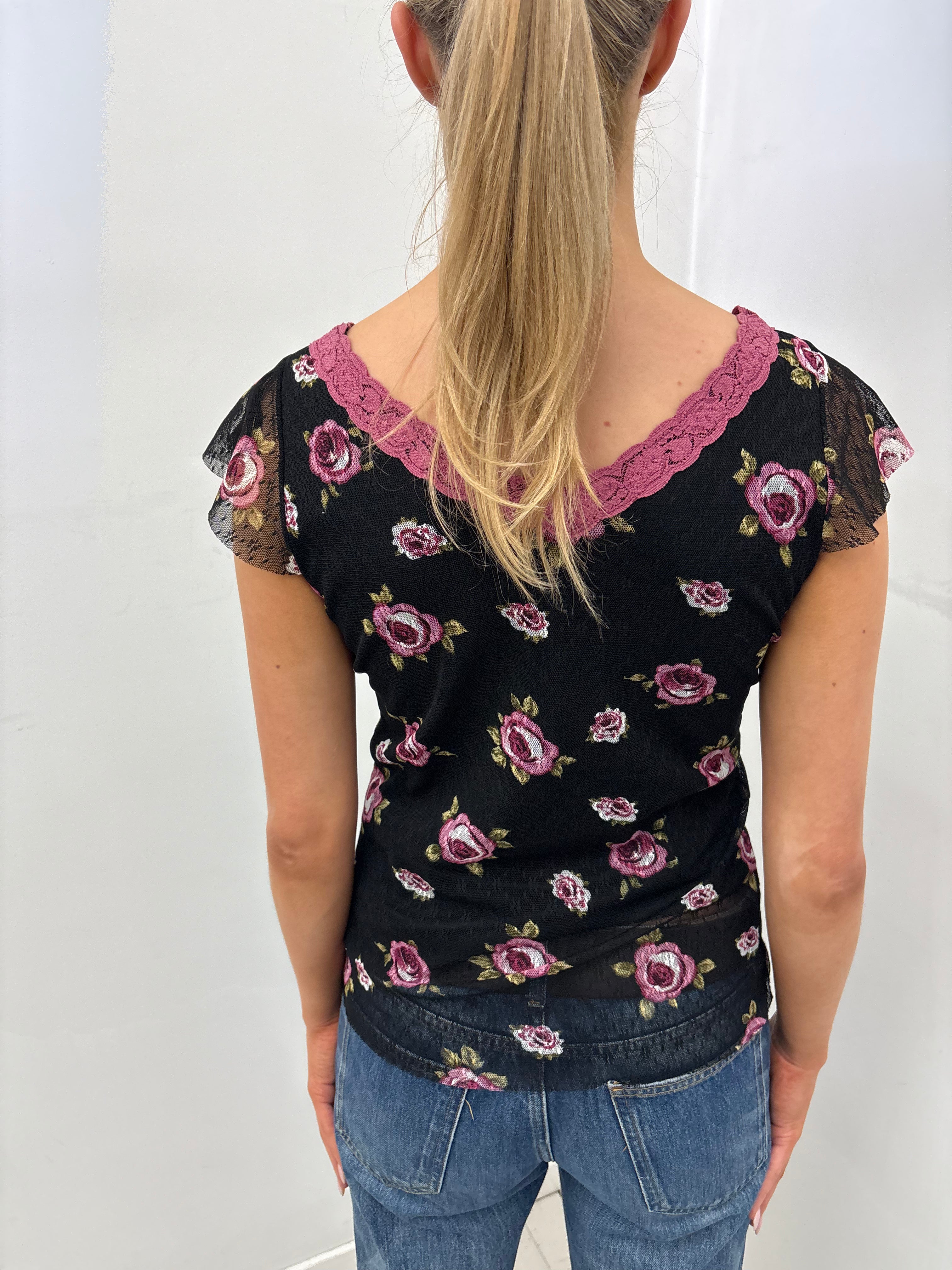 Rose Lace Trim Y2K Mesh Top