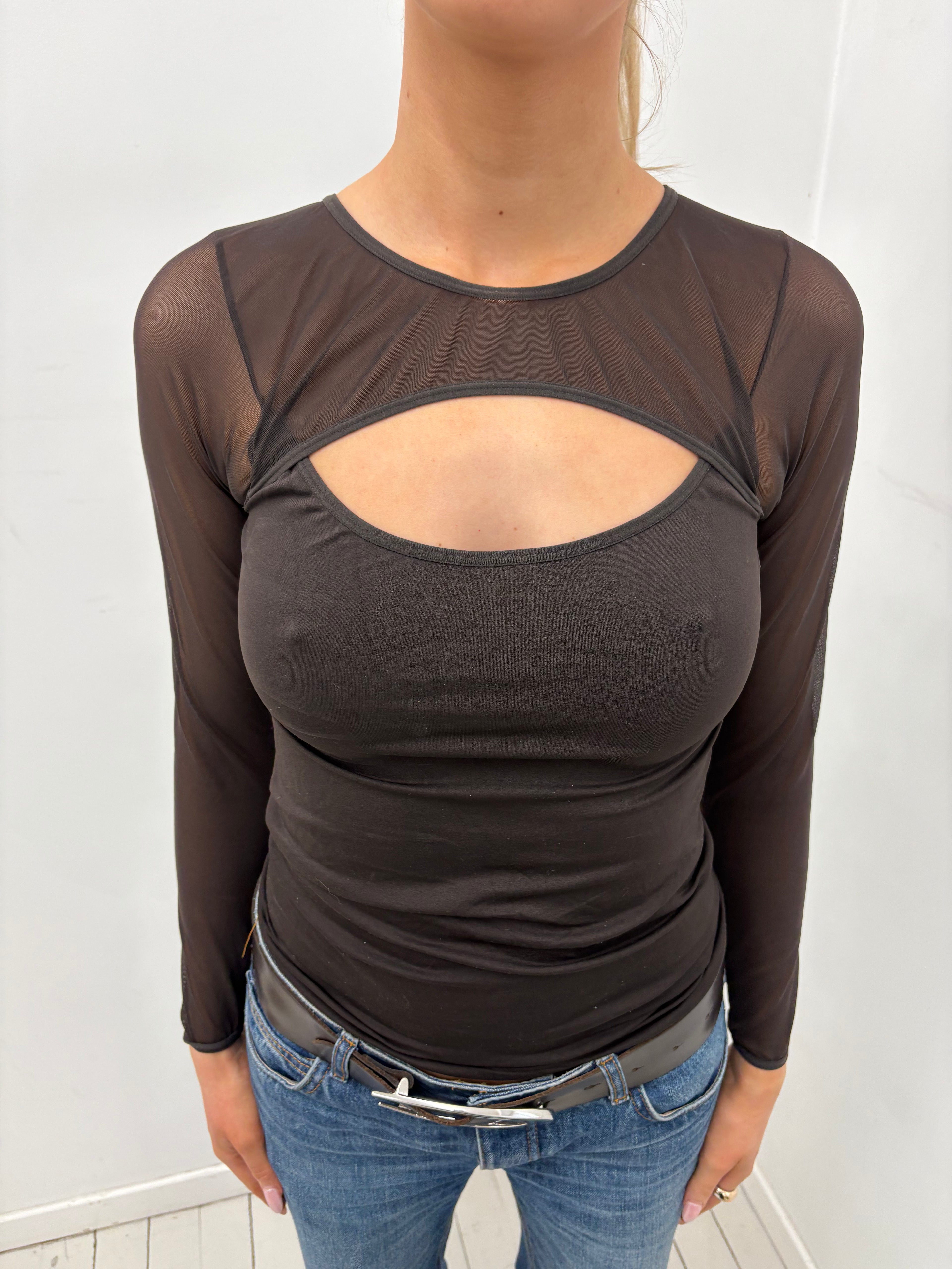 Sheer Cut-Out Mesh Long Sleeve Top
