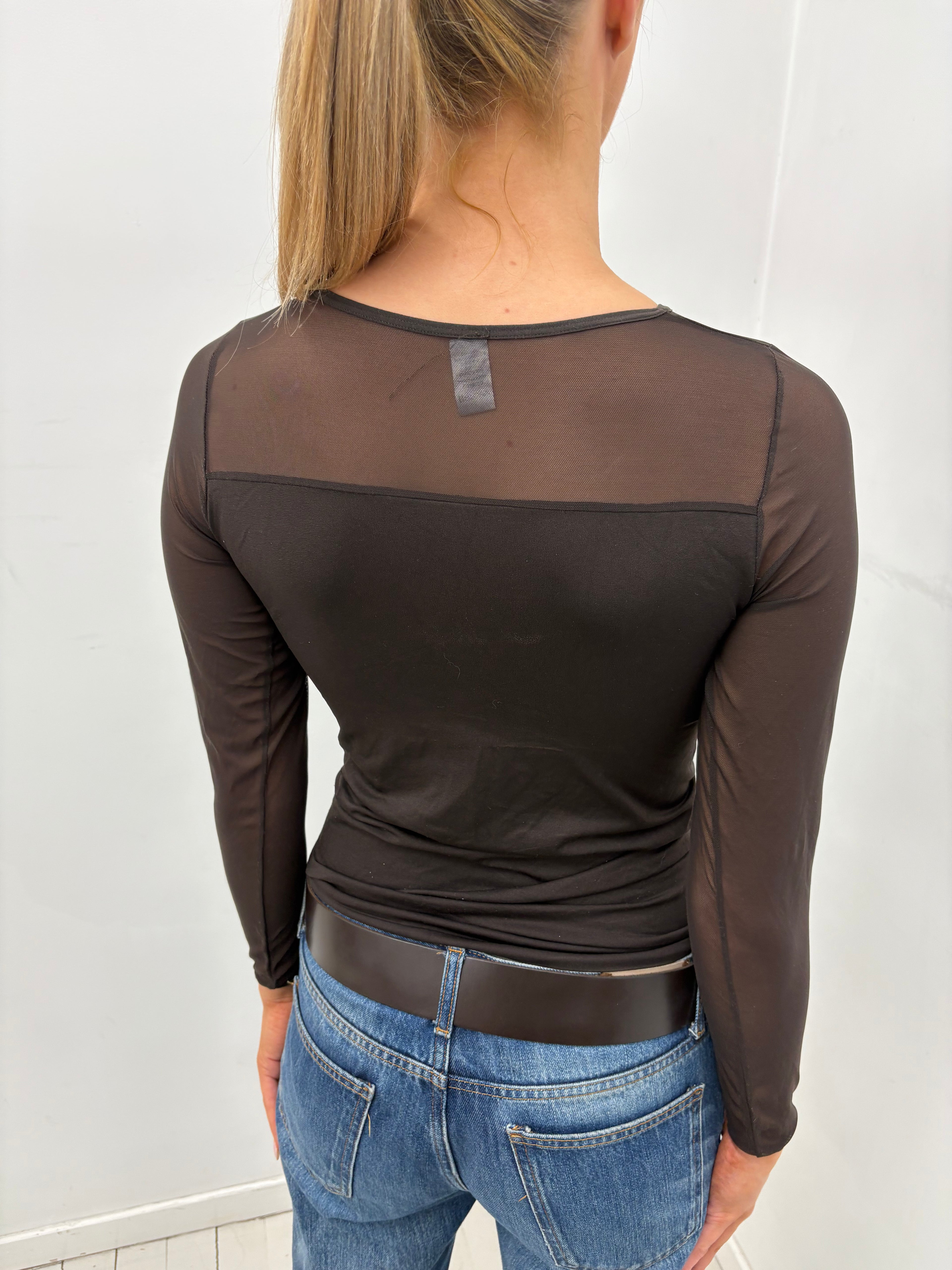 Sheer Cut-Out Mesh Long Sleeve Top