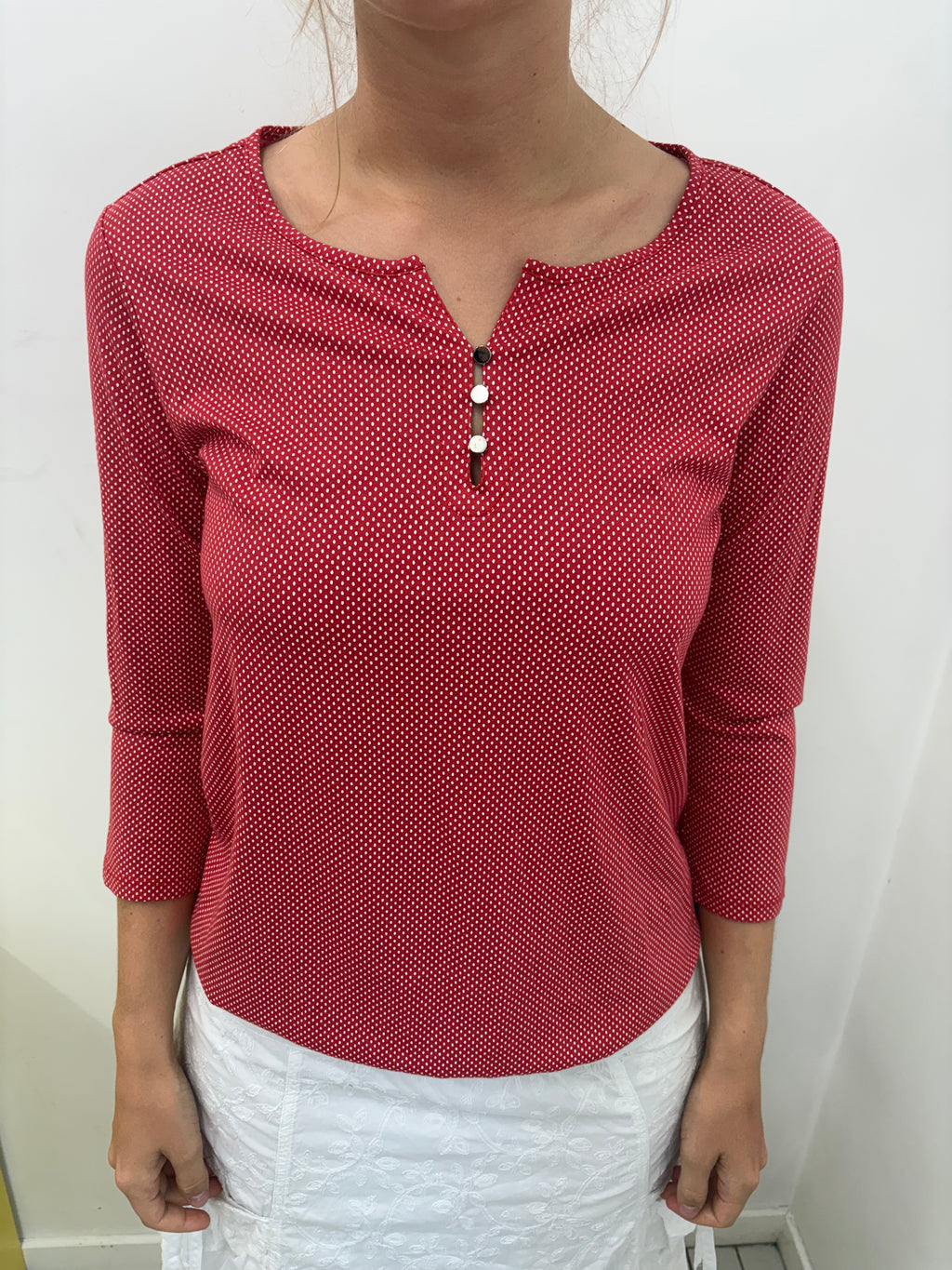 Red Mini Polka Dot Keyhole Neck 3/4 Sleeve Top