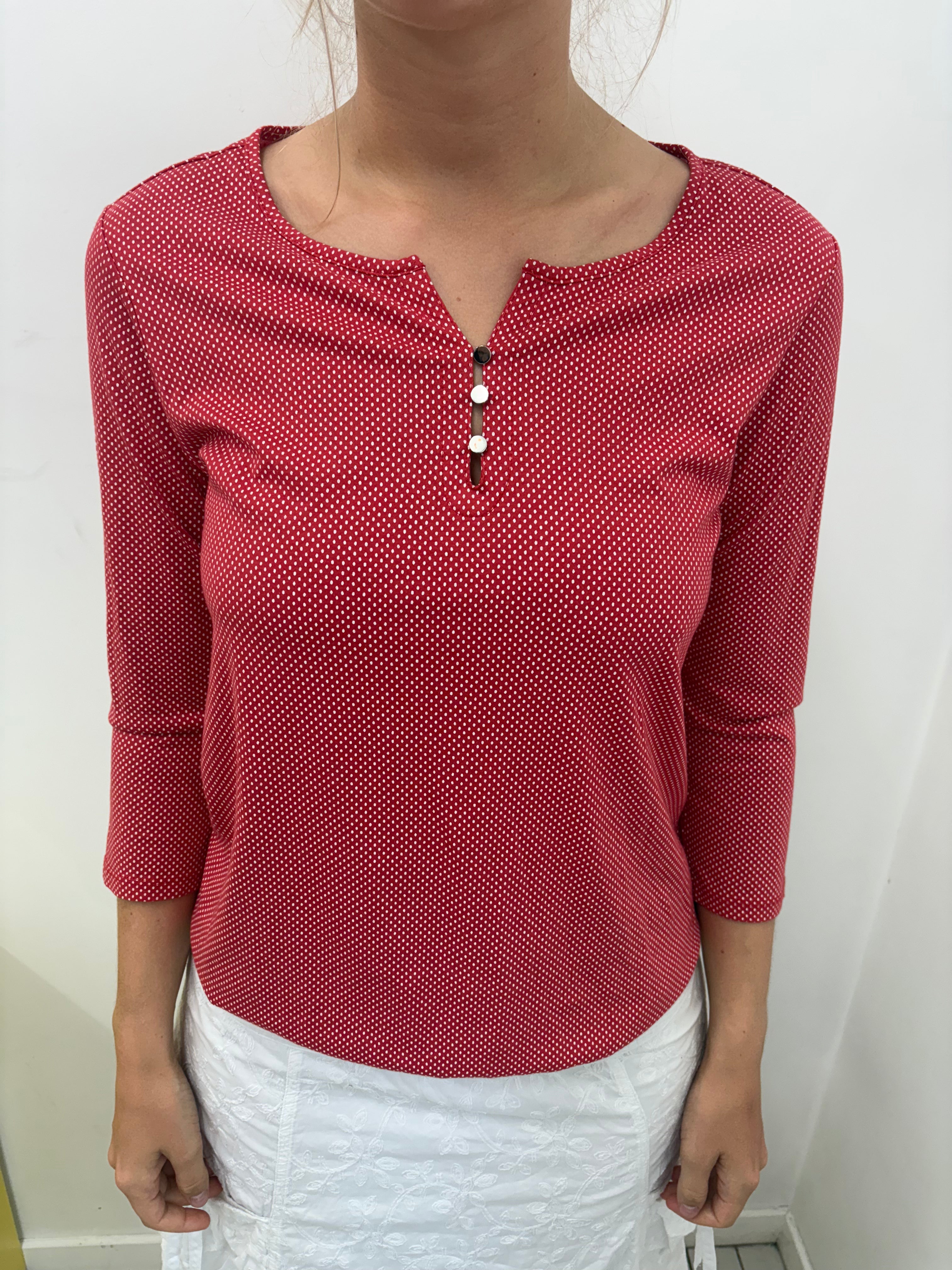 Red Mini Polka Dot Keyhole Neck 3/4 Sleeve Top