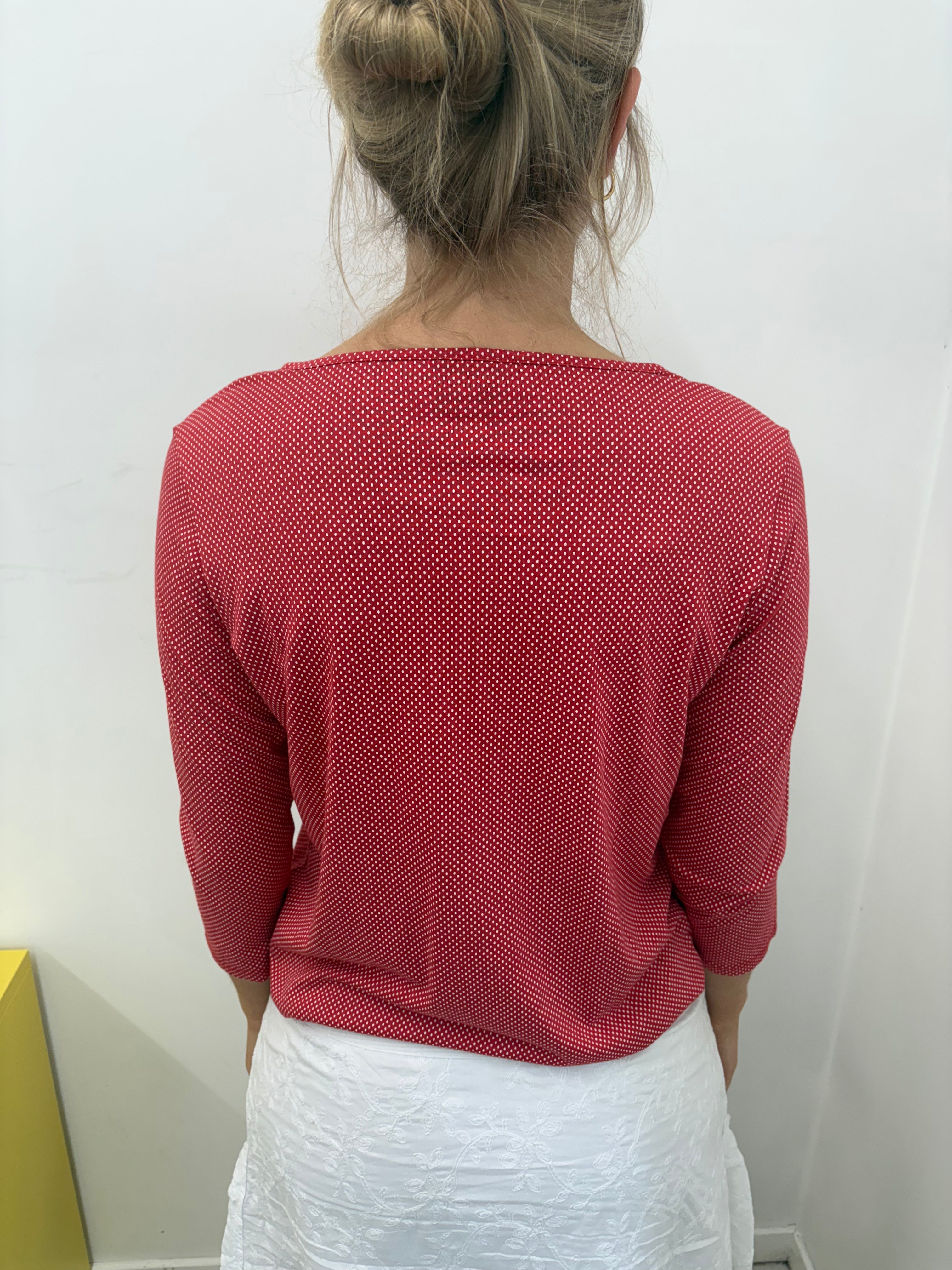Red Mini Polka Dot Keyhole Neck 3/4 Sleeve Top