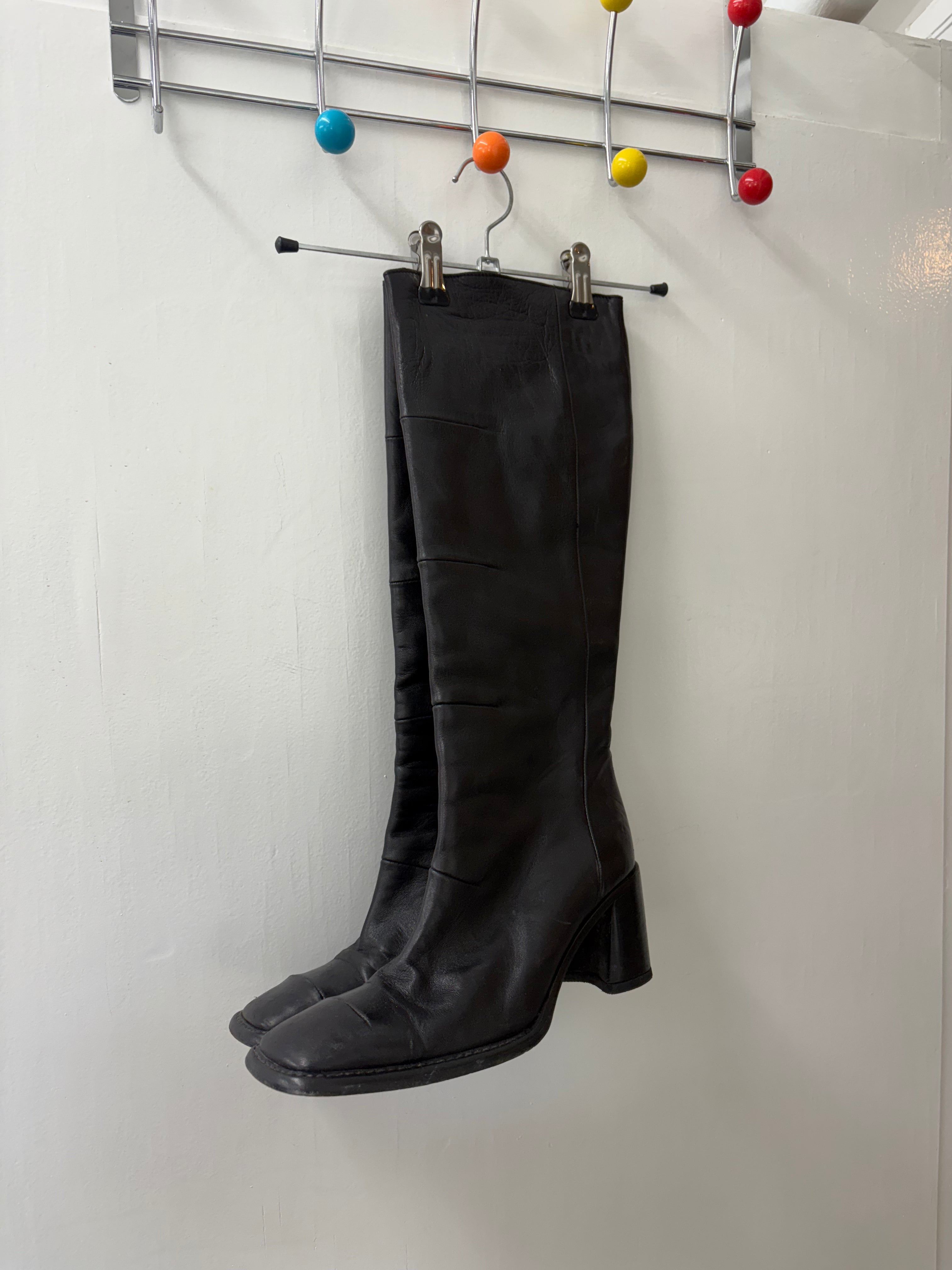 Black Leather Square Toe Knee-High Block Heel Boots