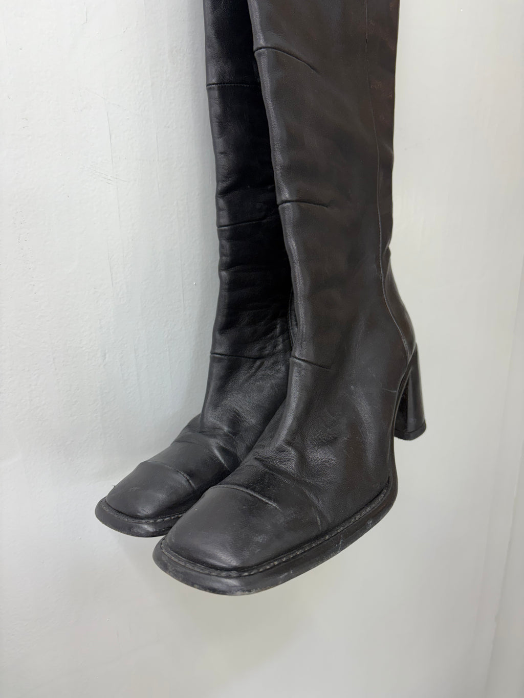 Black Leather Square Toe Knee-High Block Heel Boots