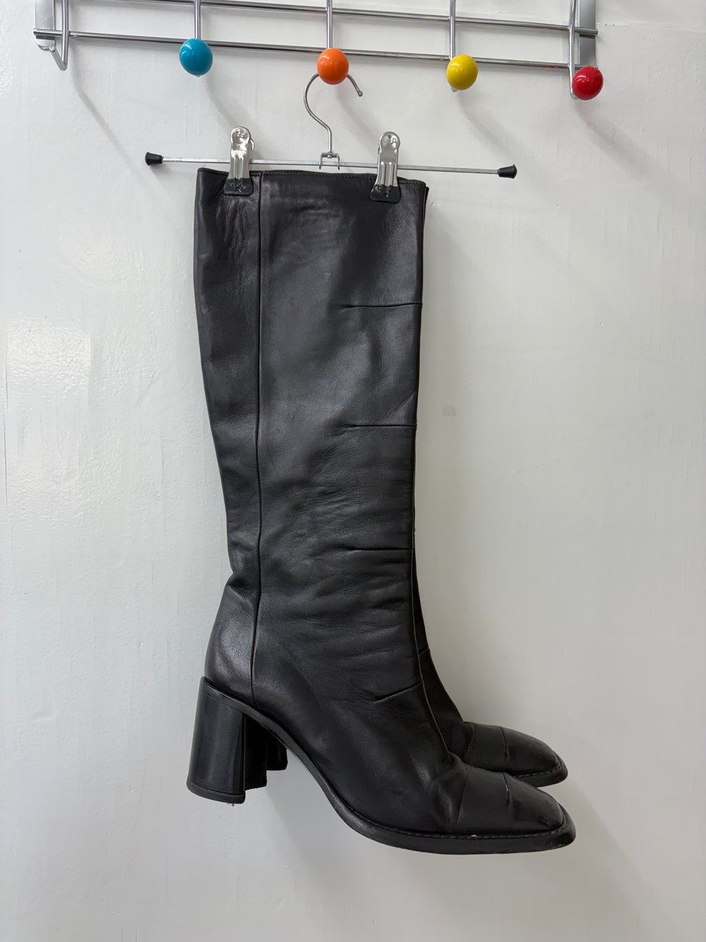 Black Leather Square Toe Knee-High Block Heel Boots