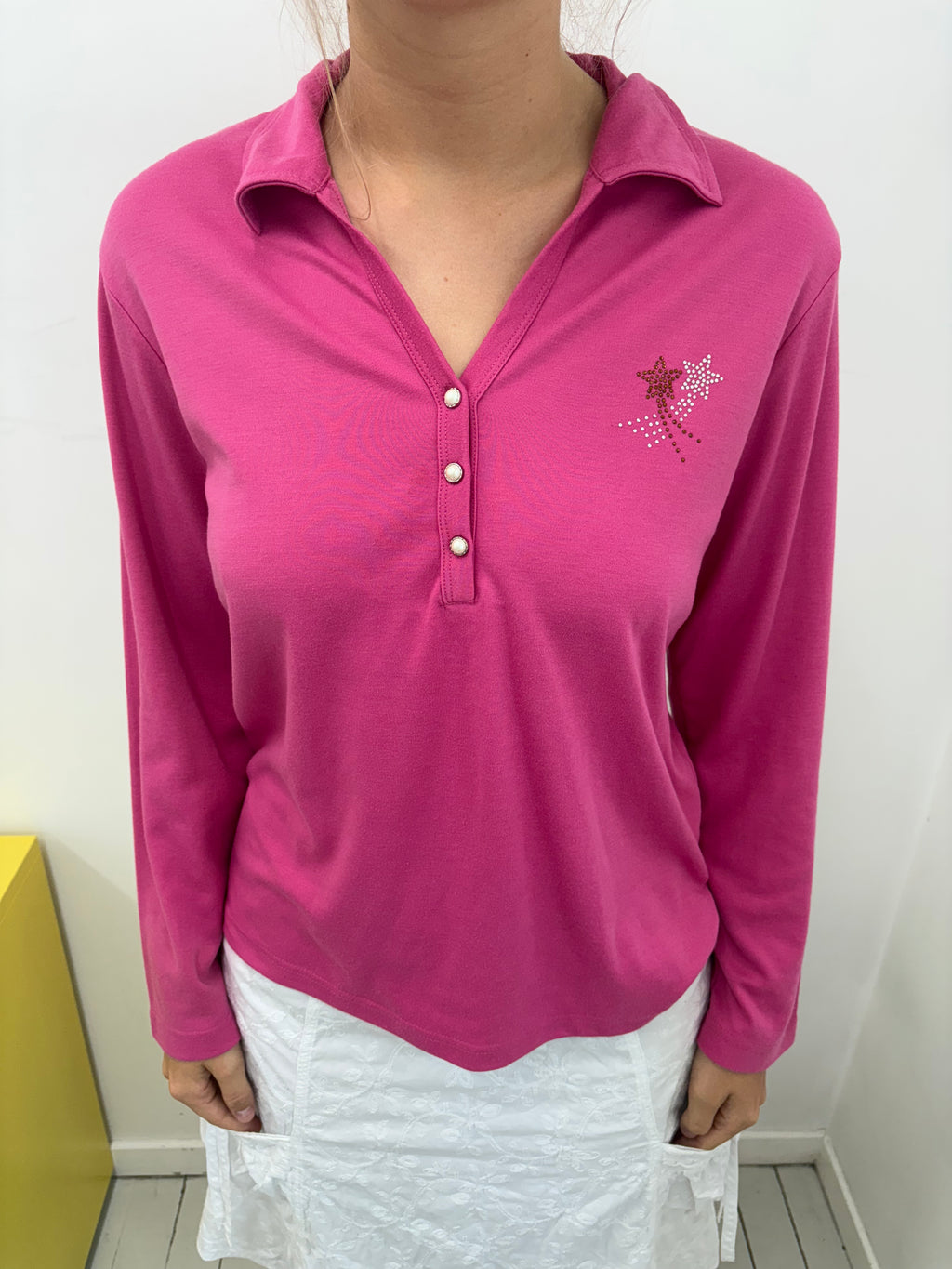 Pink Long Sleeve Polo Rhinestone Shooting Star Y2K