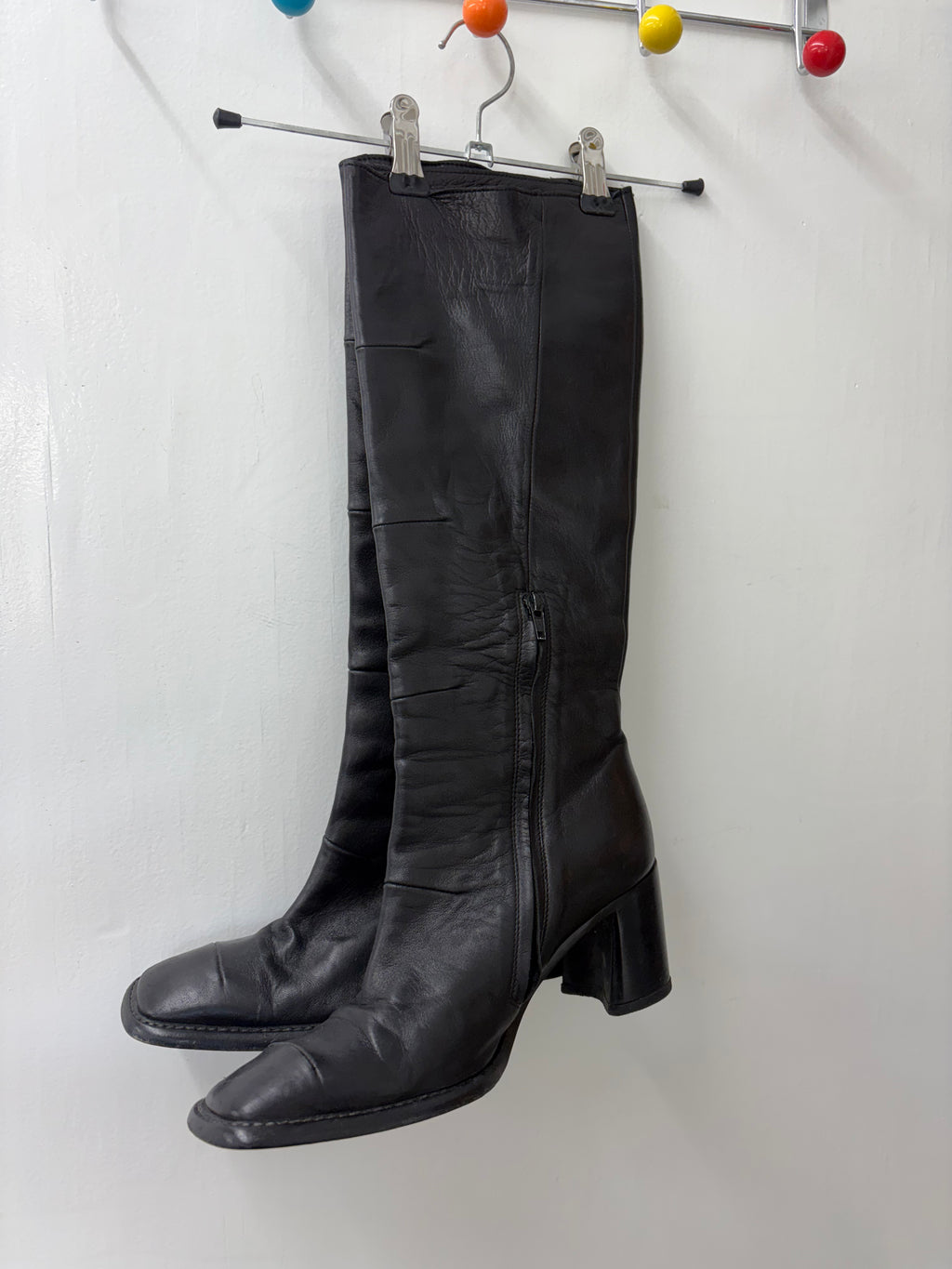 Black Leather Square Toe Knee-High Block Heel Boots