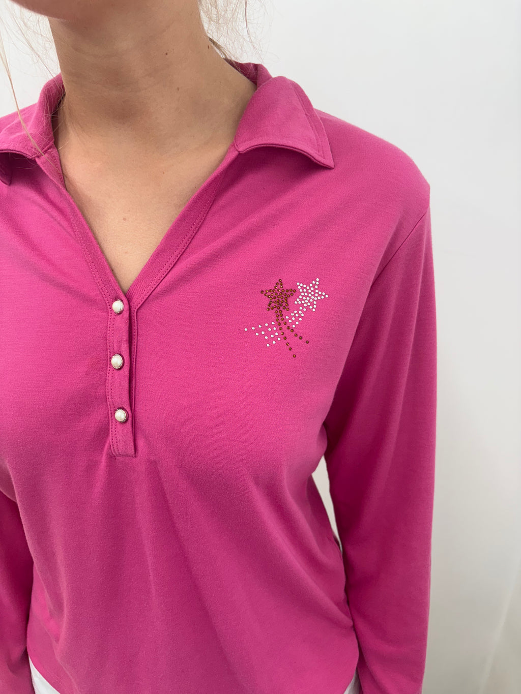 Pink Long Sleeve Polo Rhinestone Shooting Star Y2K