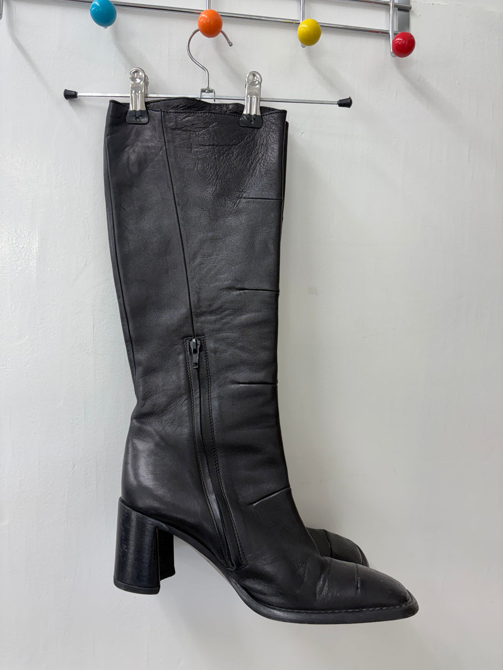 Black Leather Square Toe Knee-High Block Heel Boots