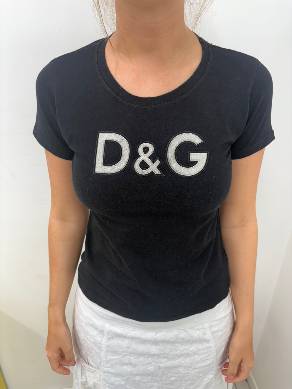 Vintage D&G Black Silver Glitter Logo Baby Tee Y2K