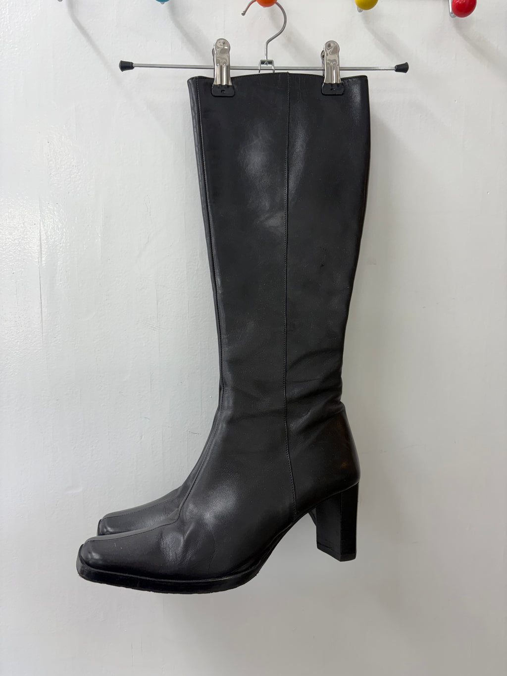 Black Leather Square Toe Knee-High Block Heel Boots
