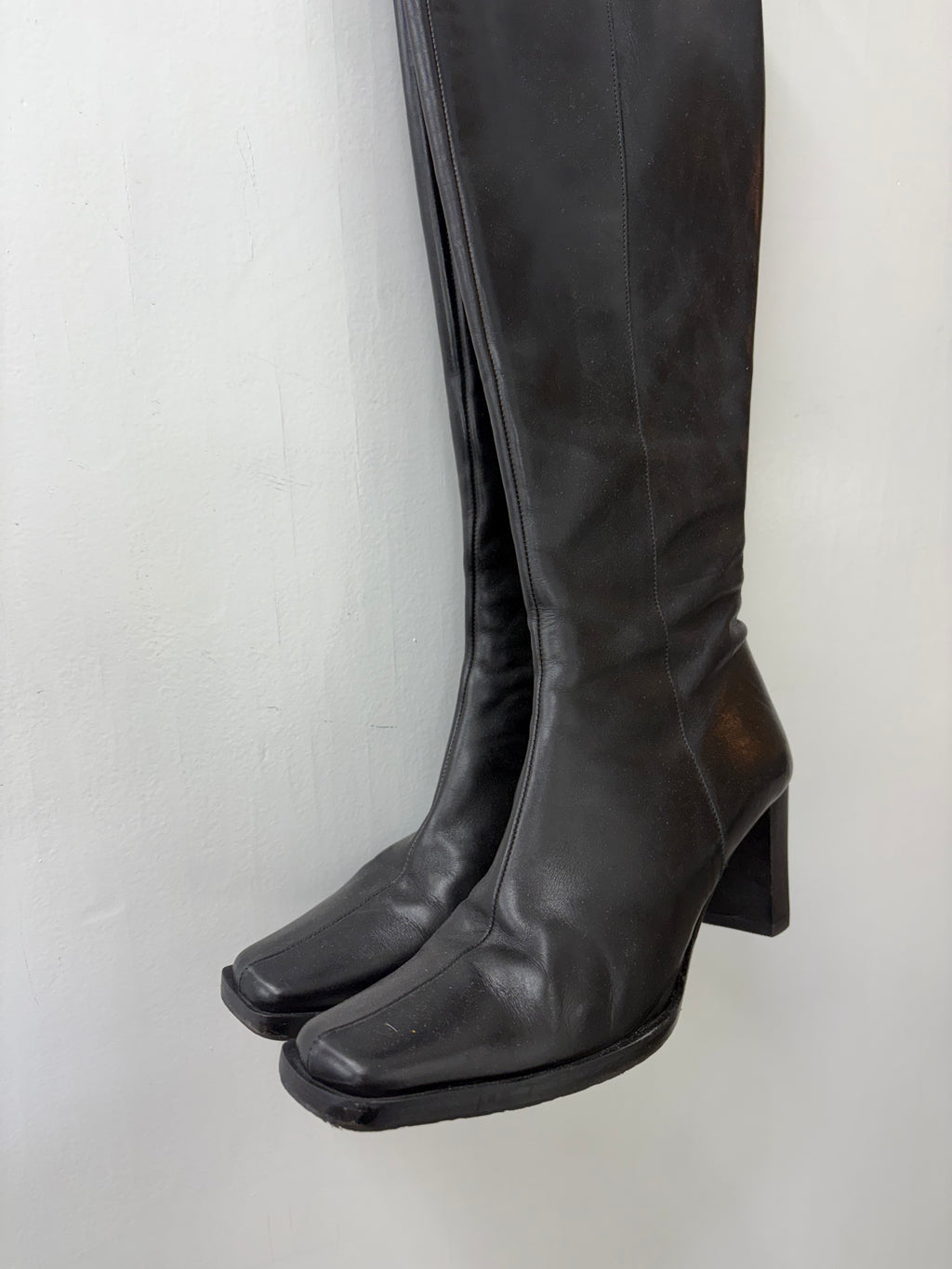 Black Leather Square Toe Knee-High Block Heel Boots
