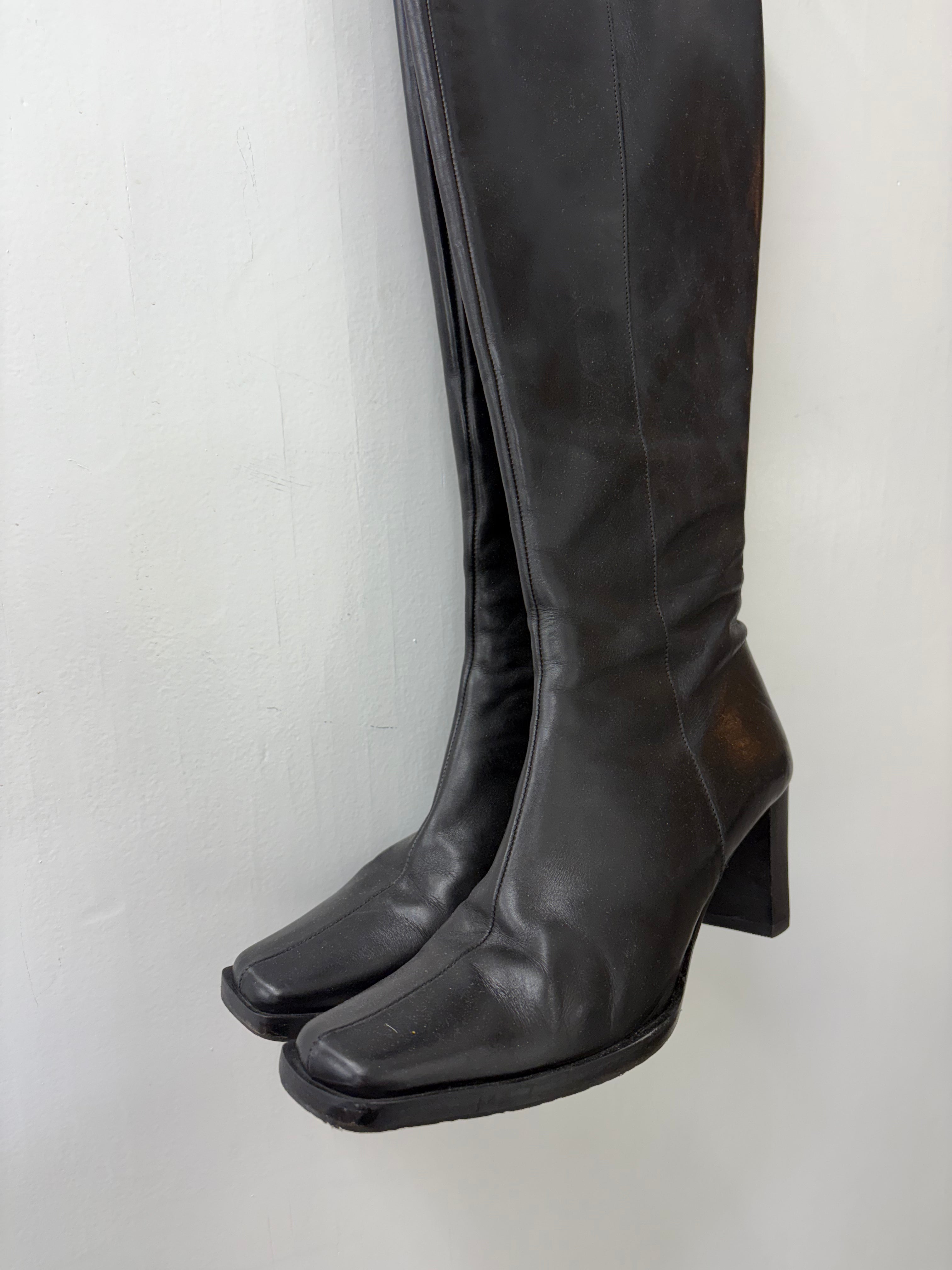 Black Leather Square Toe Knee-High Block Heel Boots