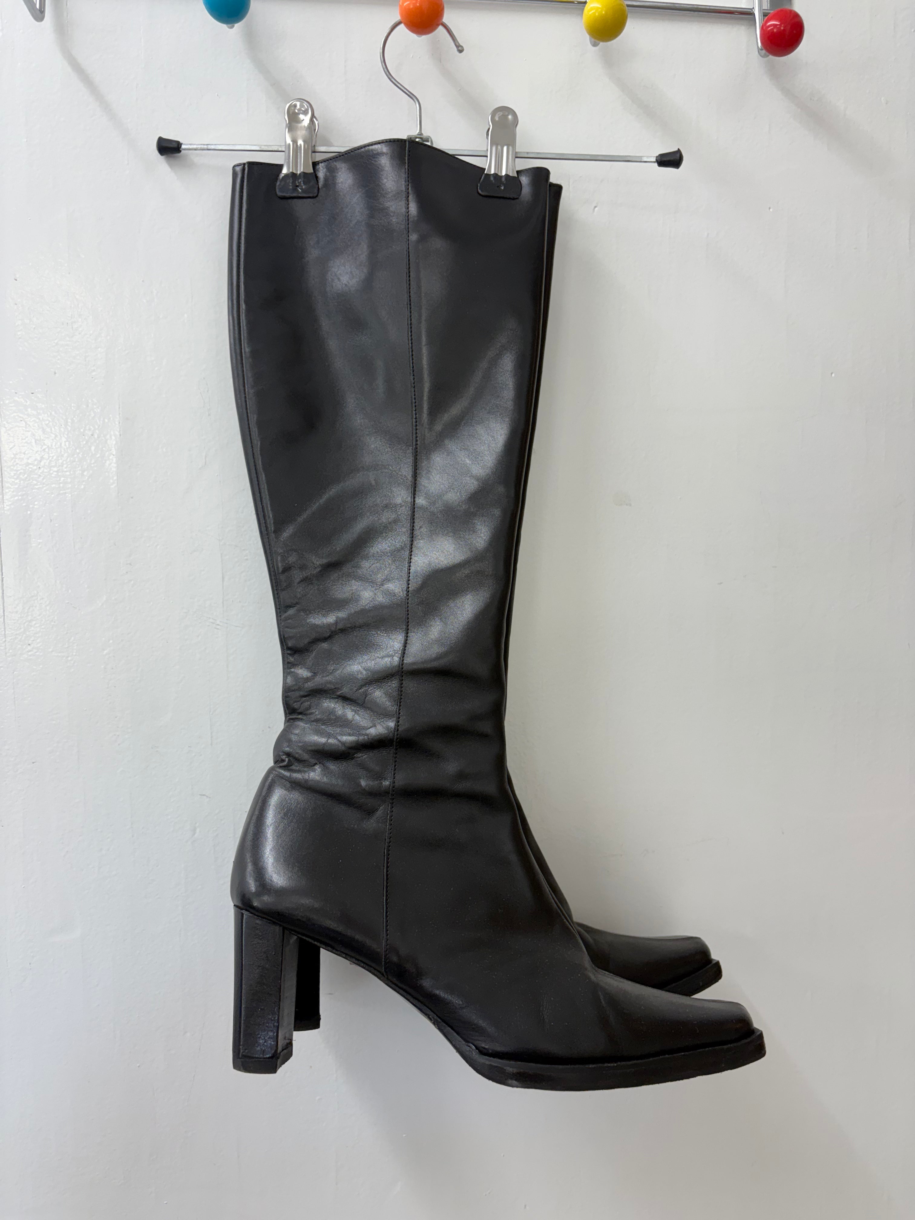Black Leather Square Toe Knee-High Block Heel Boots