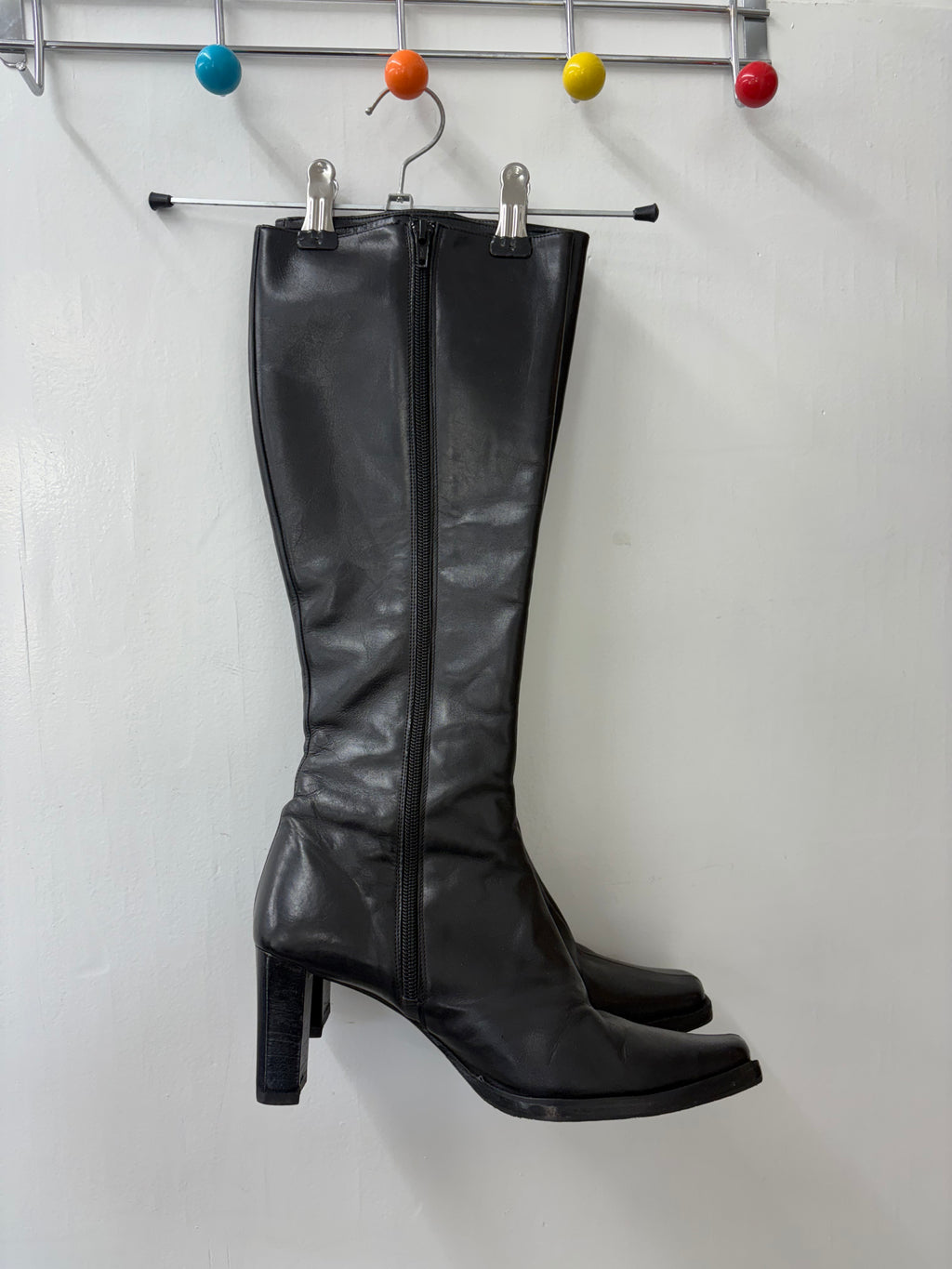 Black Leather Square Toe Knee-High Block Heel Boots